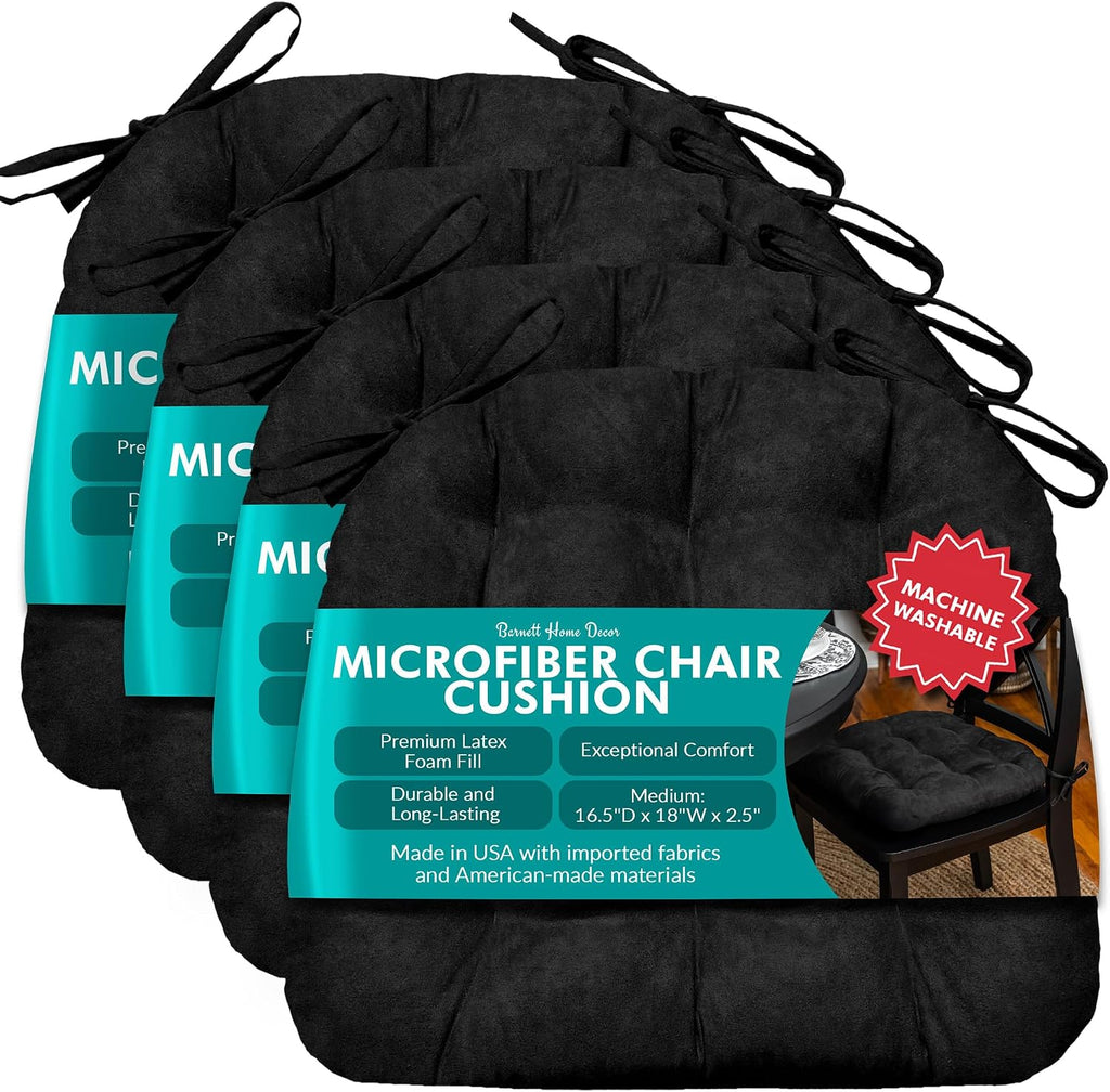 Barnett Home Decor Chair Cushions for Dining Chairs - 15x17 Kitchen Chair Cushions - Machine Washable, Made in USA - Latex Foam Comfort Chair Pads - Microsuede Black Small Pack of 4