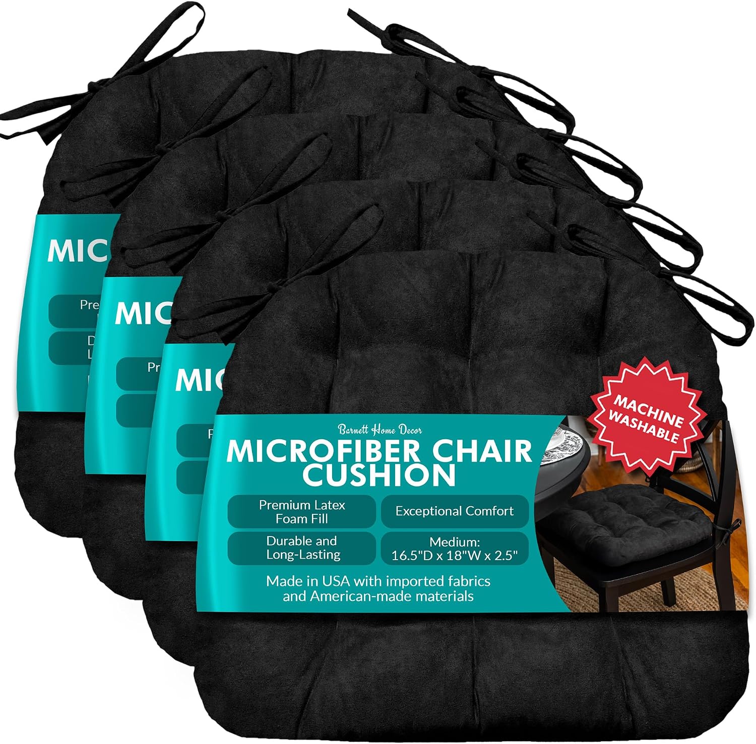 Barnett Home Decor Chair Cushions for Dining Chairs - 15x17 Kitchen Chair Cushions - Machine Washable, Made in USA - Latex Foam Comfort Chair Pads - Microsuede Black Small Pack of 4
