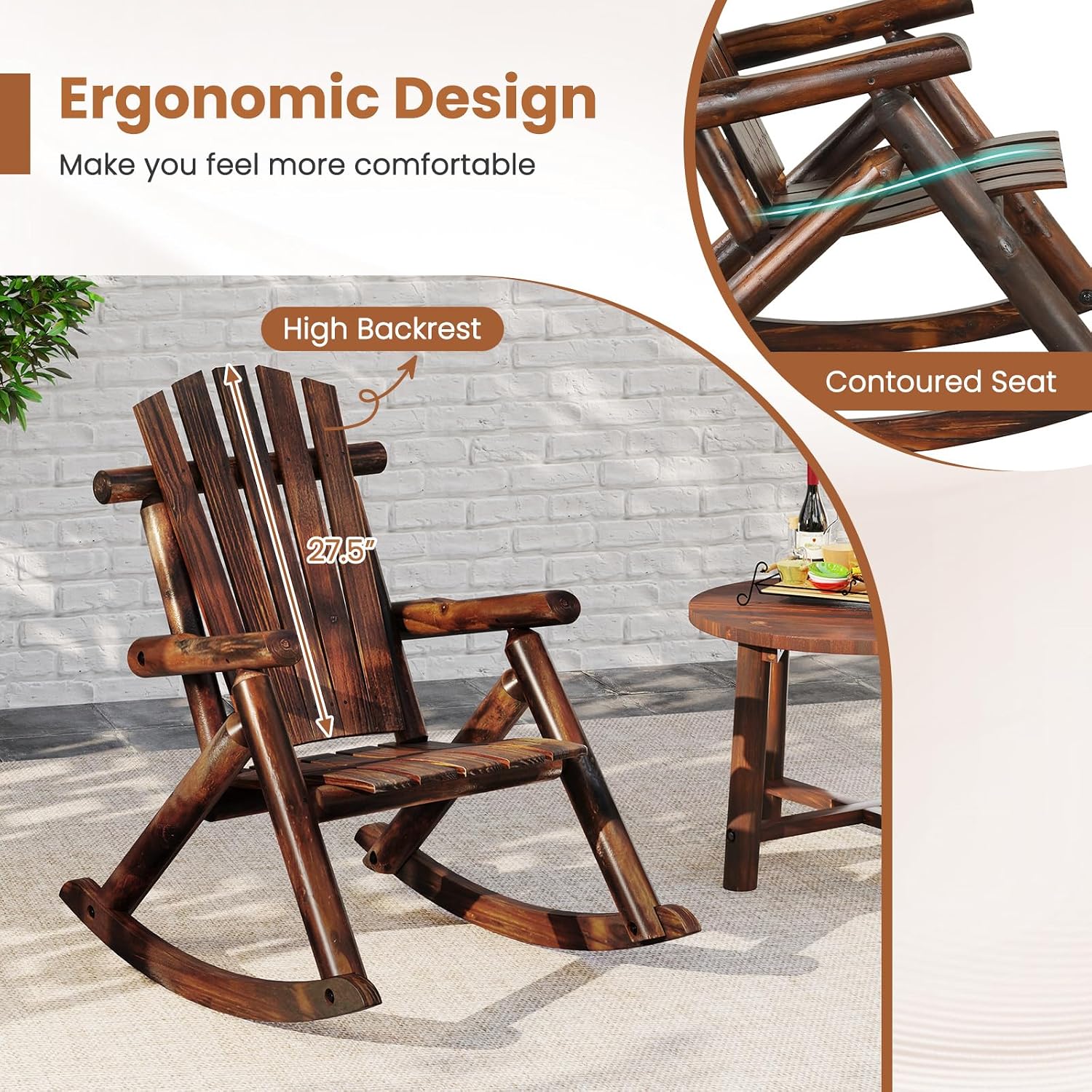 Tangkula Wood Outdoor Rocking Chairs Set of 2, Outside Adirondack Rocker with High Back and Slatted Seat, Oversized Porch Rocking Chair for Balcony, Garden, Backyard, Patio