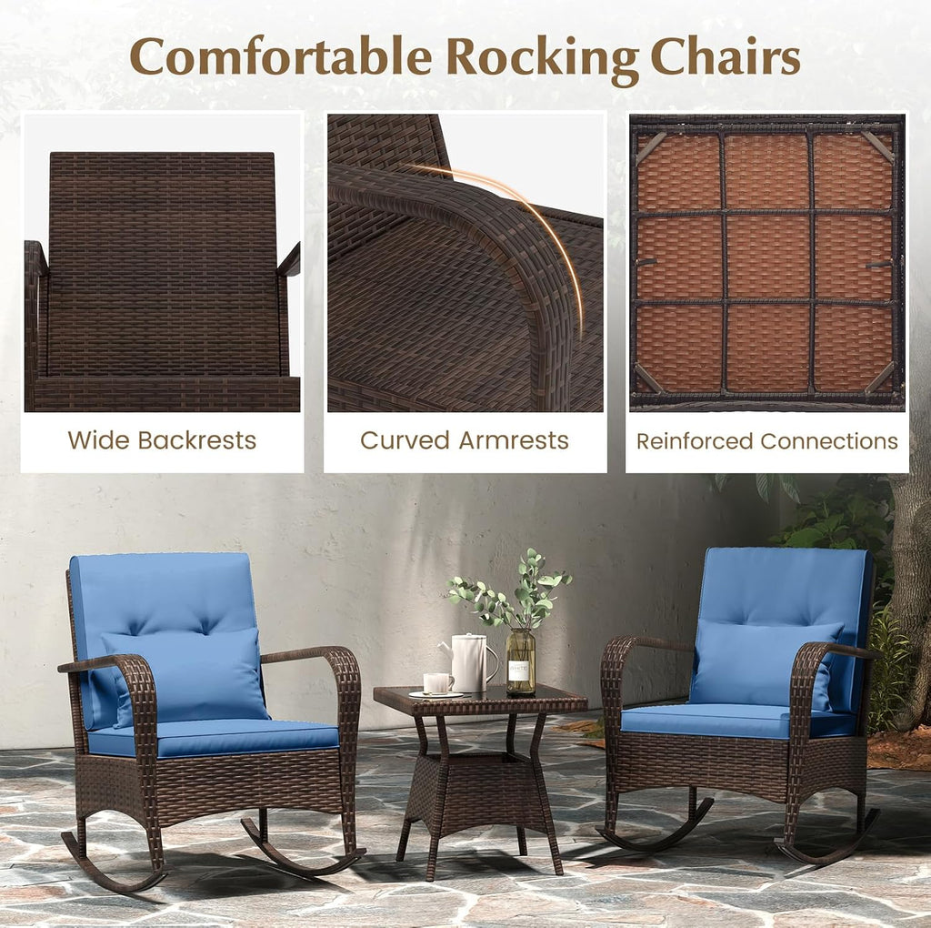 Tangkula 3 Pieces Rocking Bistro Set, Patiojoy Outdoor PE Rattan Rocker Chairs with Removable Cushions & Tempered Glass Top Coffee Table, Outdoor Wicker Furniture Set for Porch, Garden (Navy)