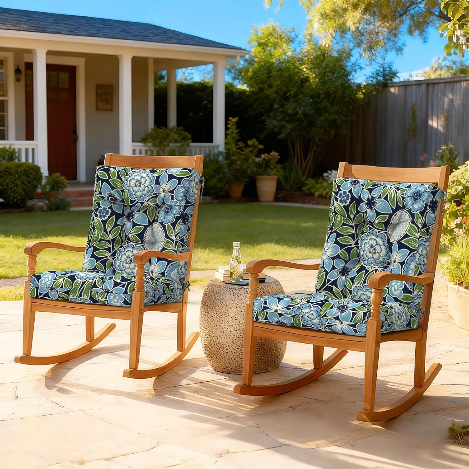 LVTXIII Outdoor Solid Low Back Cushion, Patio Tufted Replacement Rocking Chair Cushion with Ties, 2 Count Seat and Back Chair Cushions for Patio Furniture Use, 42 L x 21 W, Azure Botanical Symphony‌