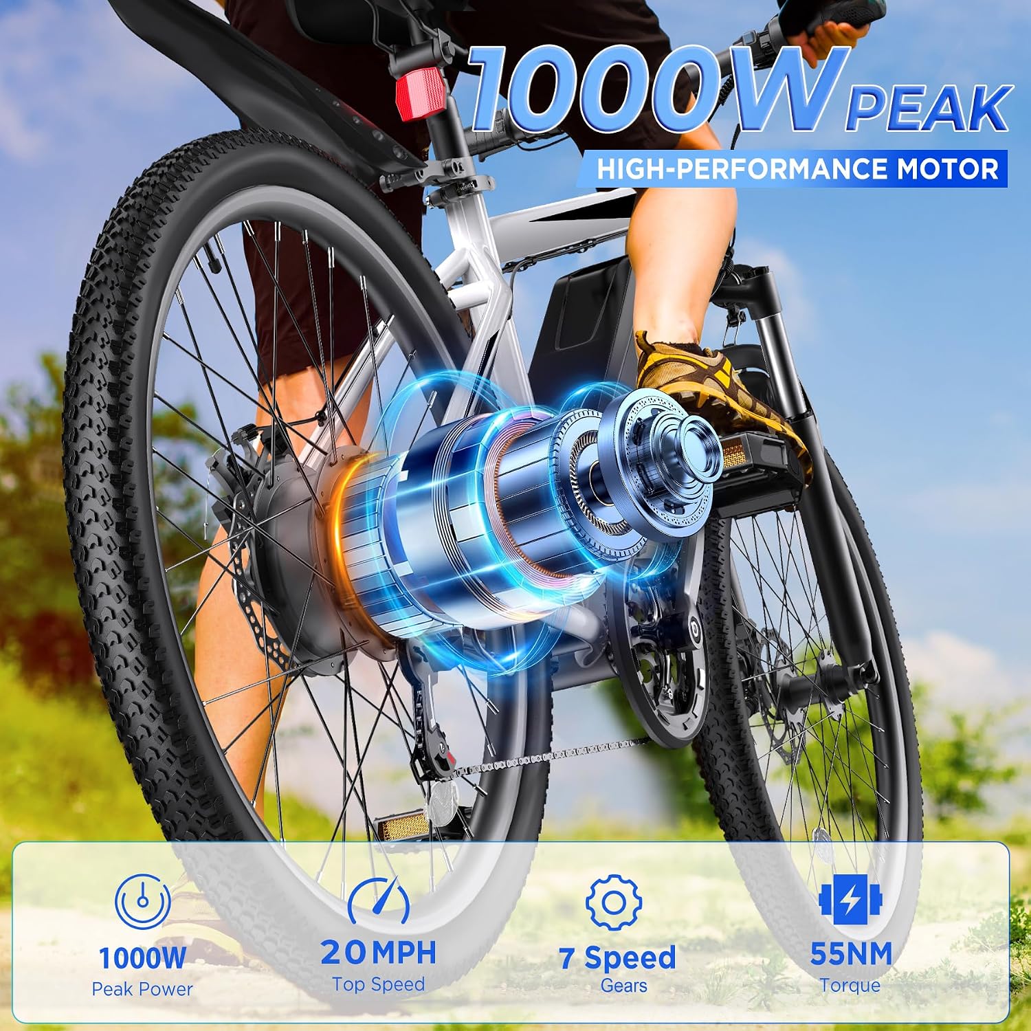 Electric Bike for Adults, 26' Ebike with 1000W Peak Motor, 20MPH 50Miles Electric Mountain Bike with 48V Removable Battery, 7-Speed, Front Suspension, LCD Display, UL 2849 Certified