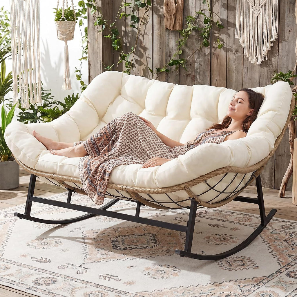 NICESOUL Outdoor Double Egg Rocking Chair, Oversized 2 Person Wide Papasan Rocker, Comfy Padded Recliner Loveseat, 700 lbs Heavy Duty Glider Lounge Chair with Cushion for Outside Backyard Porch, Beige