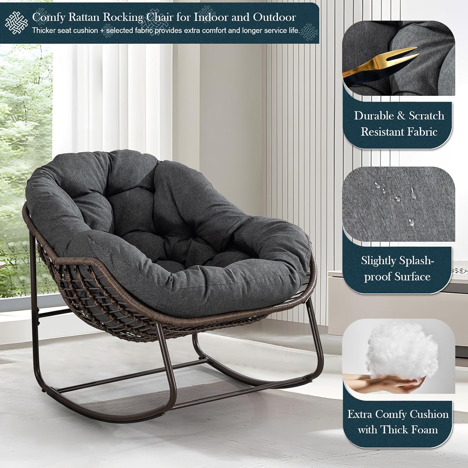 Outdoor Rocking Chair Set of 2, Patio Oversized Wicker Egg Rocking Chair, Indoor & Outdoor Comfy Rocker Chair with Thick Cushion, Modern Lounge Chair for Balcony, Porch, Garden, Backyard, Deck, Grey
