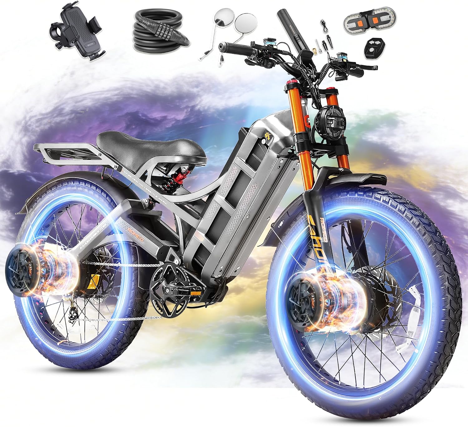 eAhora 2026 Romeo Pro3/2 50/46Mph Ebike 5600/4000W Dual Motor 200+Miles Electric Bike for Adults, 52V/70Ah 60V/80Ah Long Range 26 * 4.0' Fat Tire Full Suspension Electric Mountain Bike