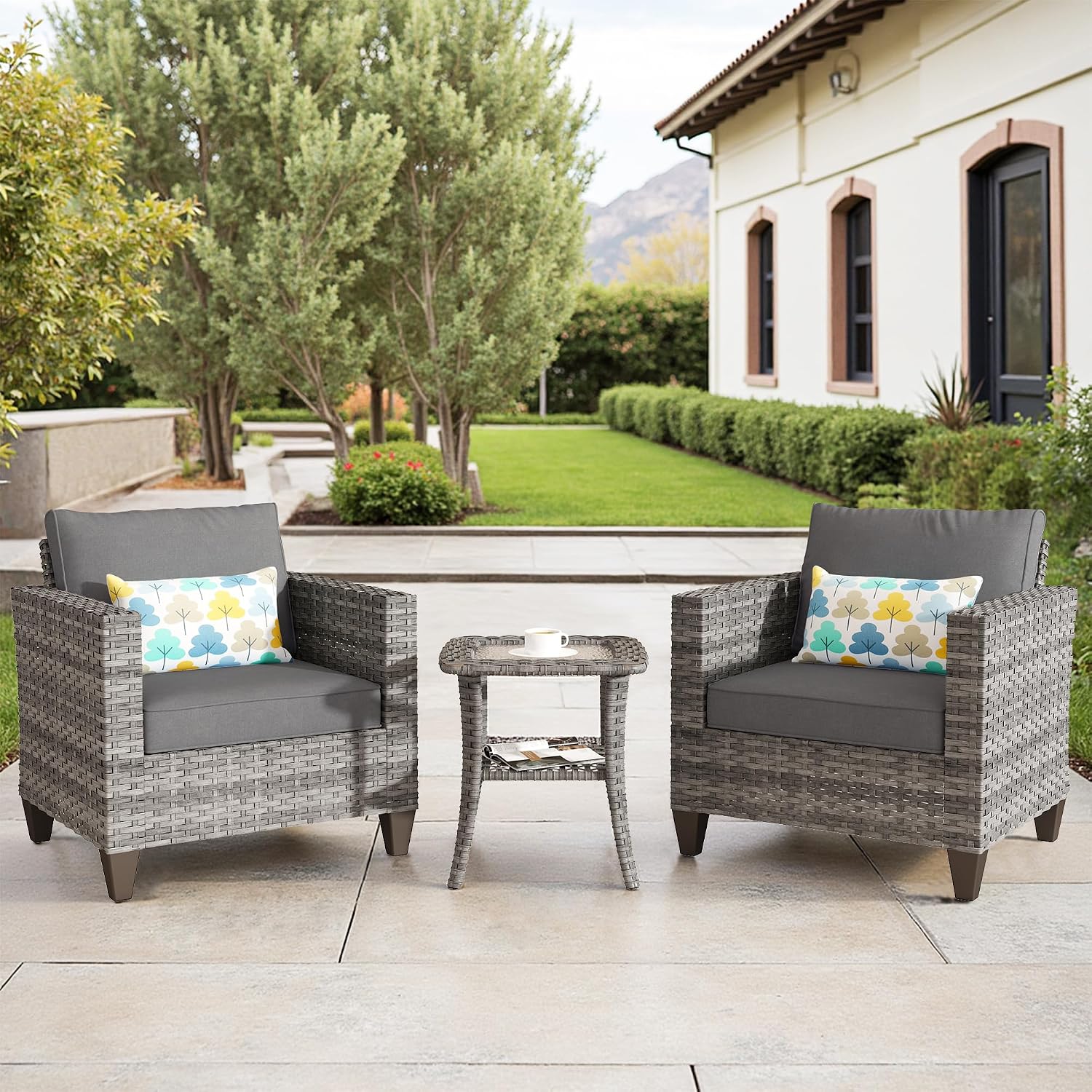 ovios 3 Pieces Patio Chair Set with Side Table, Outdoor Wicker Chairs of 2 with Comfy Cushions, High Back Rattan Armchairs Bistro Set for Porch Deck Garden, Dark Grey