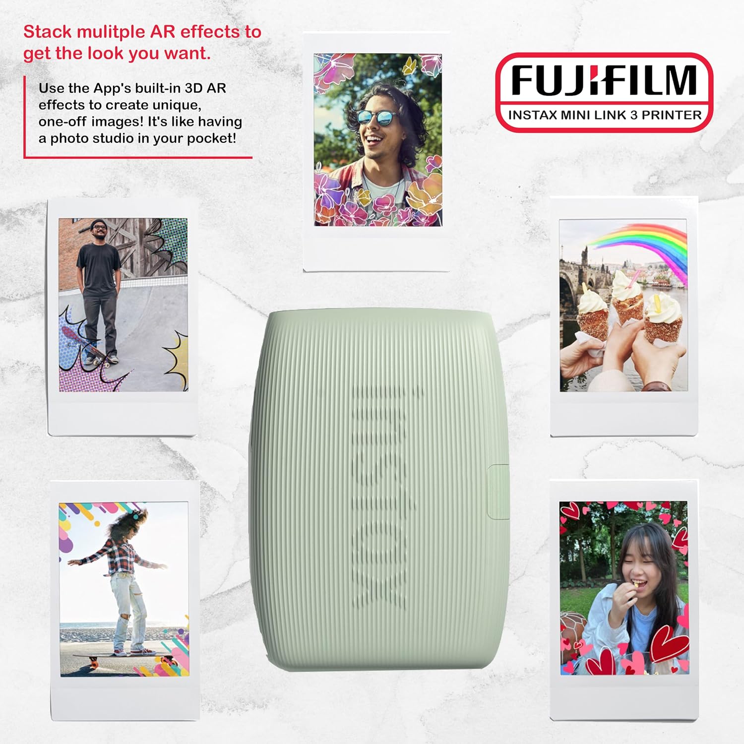 FUJIFILM Instax Mini Link 3 Smartphone Printer Bundle with Fujifilm Instant Mini Film (20 Sheets), Hanging Photo Frames, Table top Photo Frame for Mini Film (Sage Green)