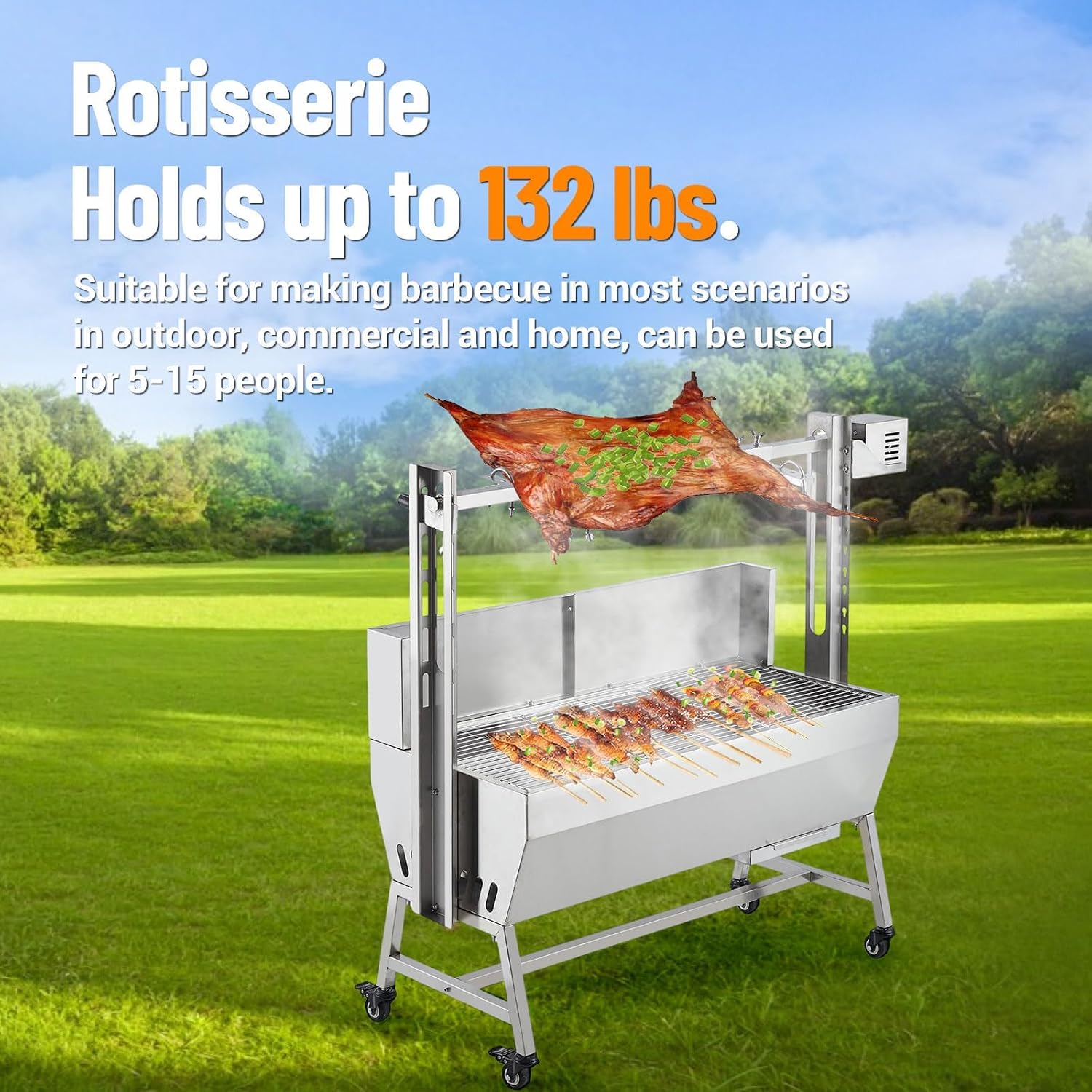 Rotisserie Grill With Windscreen Electric BBQ Whole Pig Lamb Spit Grill Stainless Steel Rotisserie Roaster w/ 50W 132 Lbs Capacity Electric Motor Roaster With Lockable Wheels 44.17x17.32x40.17 Inch