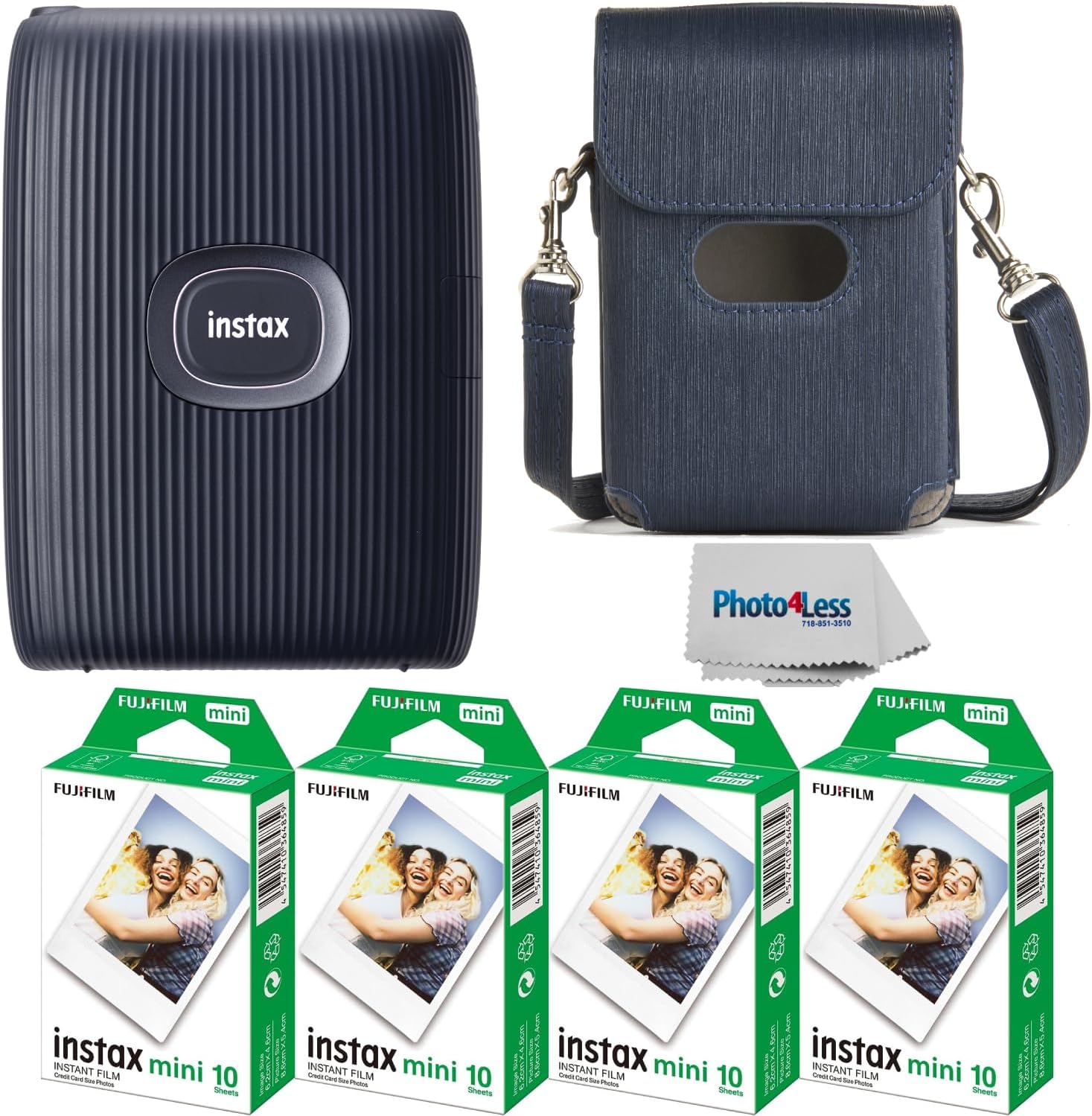 Fujifilm Instax Mini Link 2 Smartphone Instant Printer Space Blue, Fuji Mini Film 40 Sheets Protective Case, Bundle