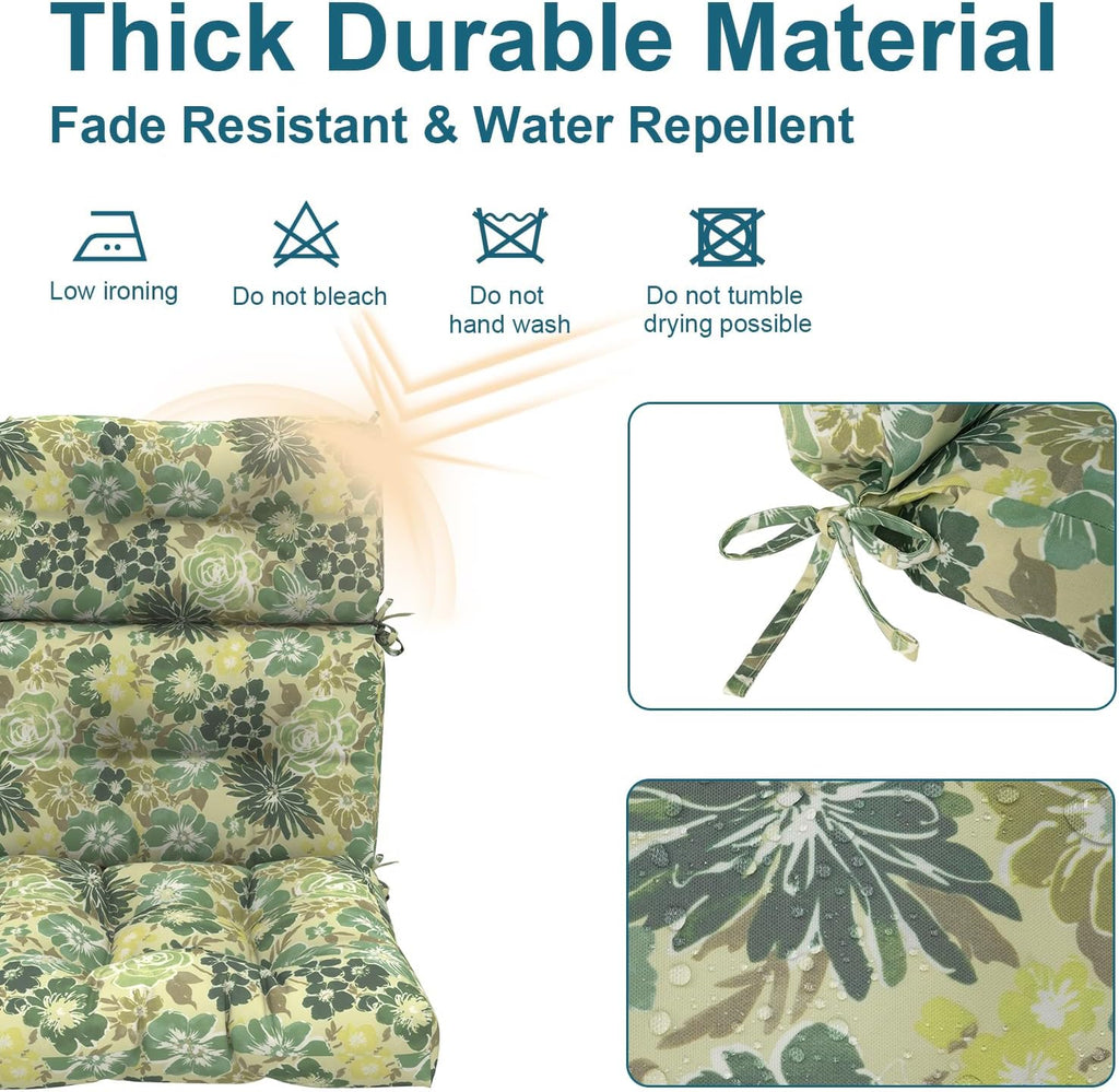 DYTXIII Outdoor High Back Chair Cushions Set of 2, Water Repellent Tufted Rocking Seat Cushions Replacement 44 x 22 Inch, Seat & Back Chair Pads for Patio, Balcony and Indoor Use -Green Rose