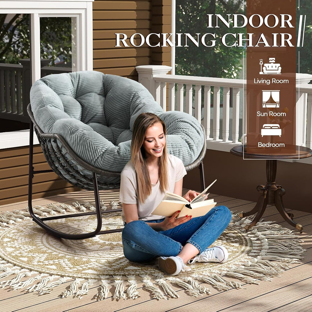 Oversized Indoor/Outdoor Corduroy Rocking Papasan Chair, Modern Egg-Shaped Design with Thick Memory Foam Cushion, Green
