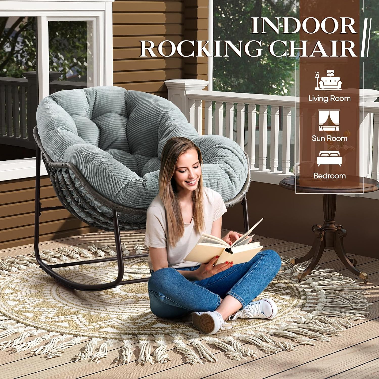 Oversized Indoor/Outdoor Corduroy Rocking Papasan Chair, Modern Egg-Shaped Design with Thick Memory Foam Cushion, Green