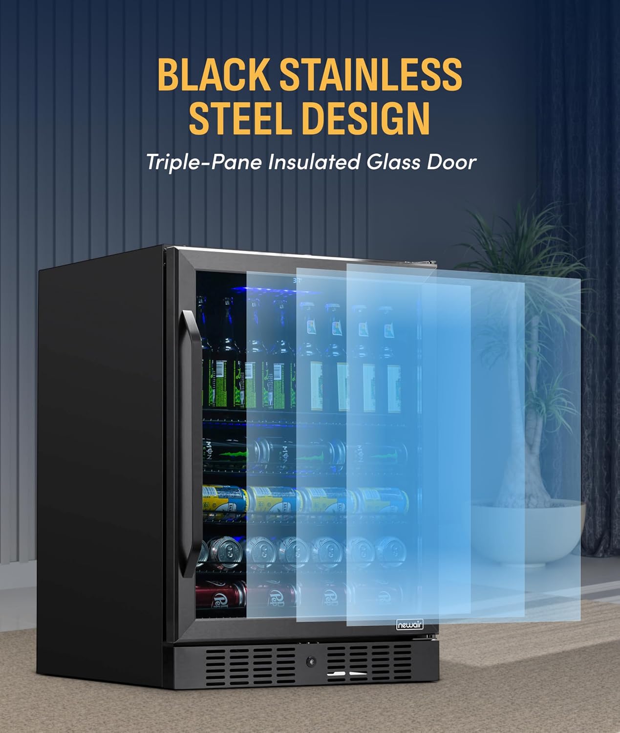 NewAir Beverage Refrigerator with Glass Door | 177 Can Mini Fridge for Bedroom, Dorm, Office, or Gaming Setup | Soda, Beer, and Wine Cooler | Black Stainless Steel