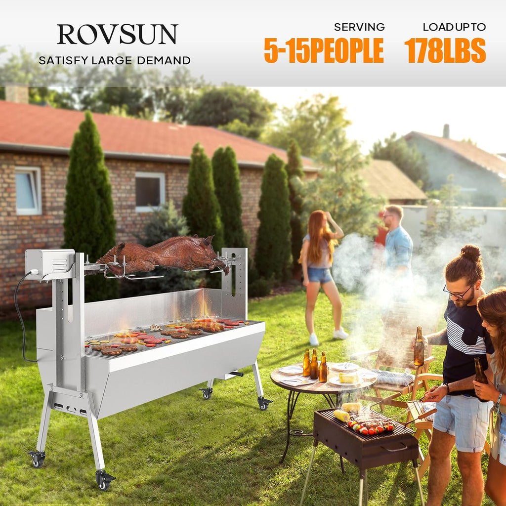 Bonnlo Electric Rotisserie Grill, 46' Pig & Lamb Roaster, Charcoal Spit Rotating Grill with Wind Screen, 176 lbs Capacity Stainless Steel Lechon Grill Kit for Camping & Outdoor BBQ