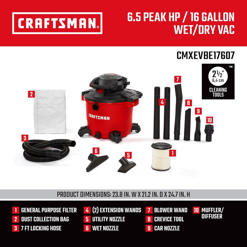 CRAFTSMAN CMXEVBE17607 16 Gallon 6.5 Peak HP Wet Dry Vac with Detachable Leaf Blower, Portable Shop Vacuum Wet and Dry with Filter, Dust Bag, Hose and Attachments for Garage, Outdoor Cleaning