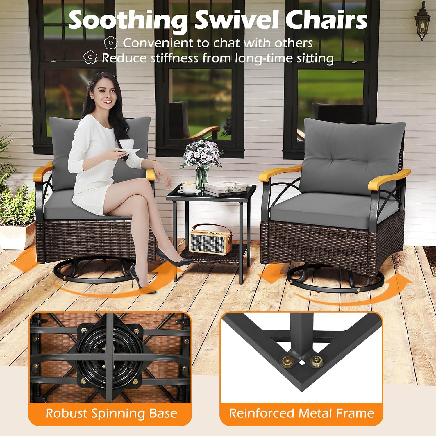 Tangkula 3 Piece Outdoor Swivel Chair Set, Patio Wicker Rotating Cushioned Chairs with 2-Tier Tempered Glass Side Table, for Porch, Yard, Balcony, Garden