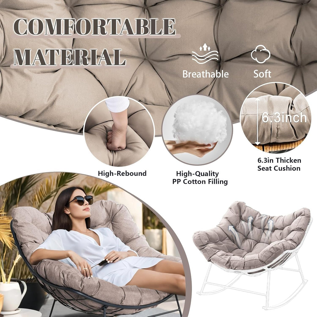 Outdoor Rocking Chair Cushions Replacement, 6''Thick Waterproof & Fade Resistant Papasan Chair Cushion with 6 Straps,Tufted Egg Chair Cushion for Indoor & Outdoor (Khaki)