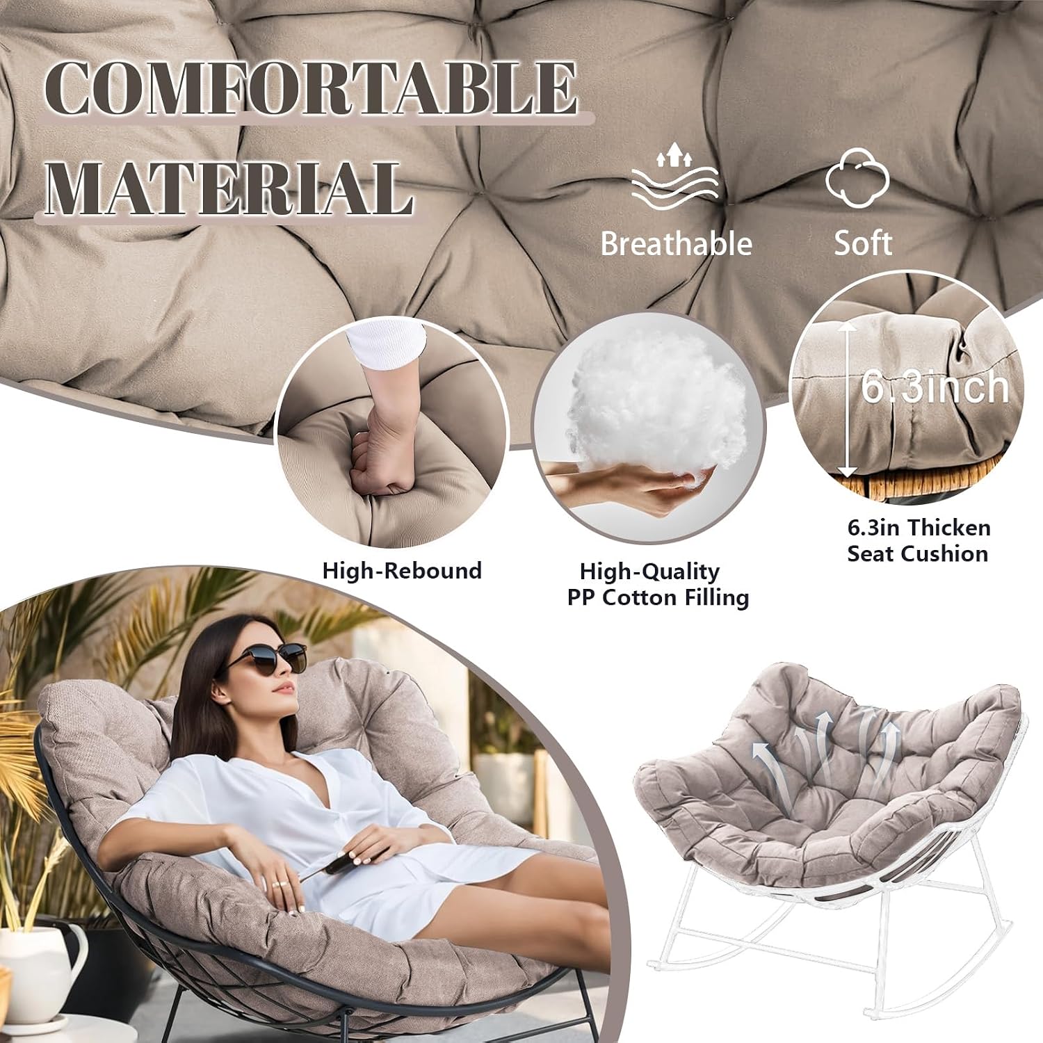 Outdoor Rocking Chair Cushions Replacement, 6''Thick Waterproof & Fade Resistant Papasan Chair Cushion with 6 Straps,Tufted Egg Chair Cushion for Indoor & Outdoor (Khaki)