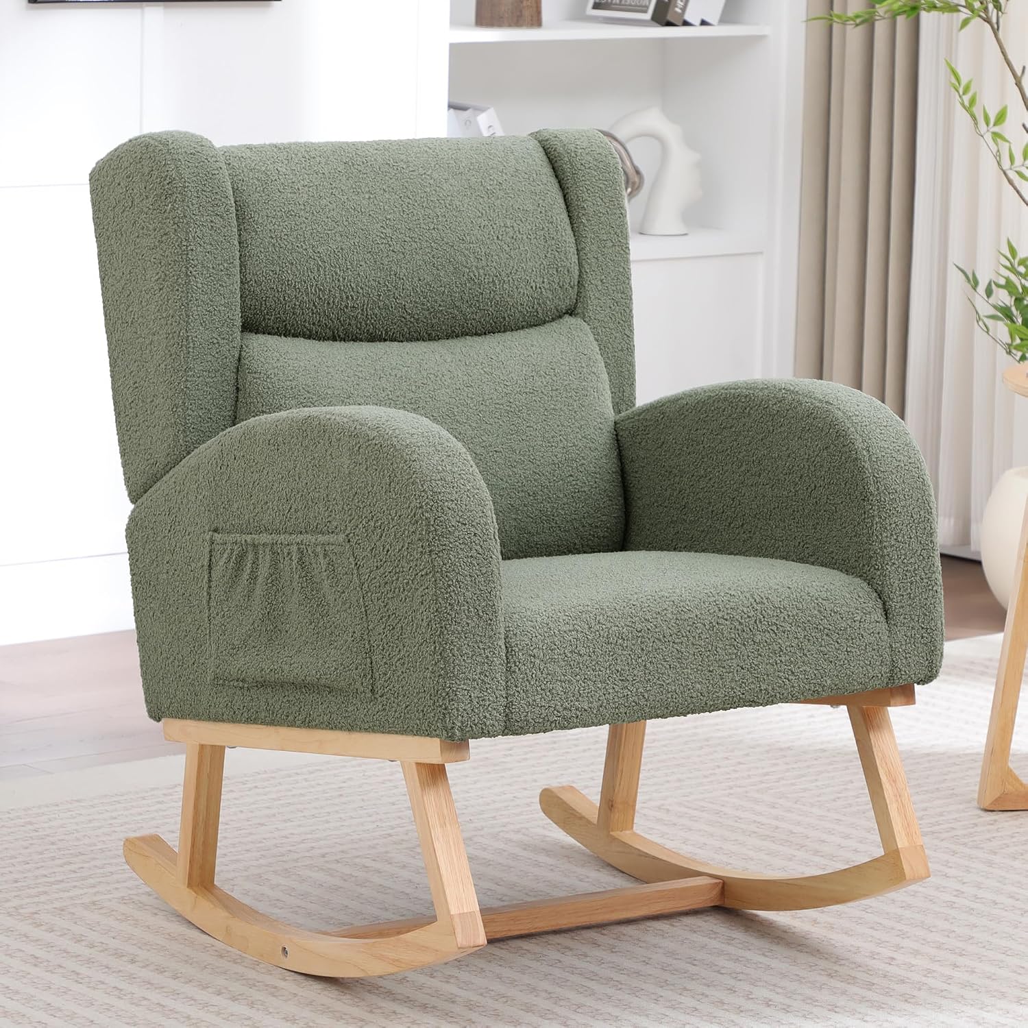 HCHAIRH Nursery Rocking Chair,Wingback Nursery Rocking Chairs,Nursing Glider Rocker Chair with High Back for Living Room Bedroom(Teddy Green)