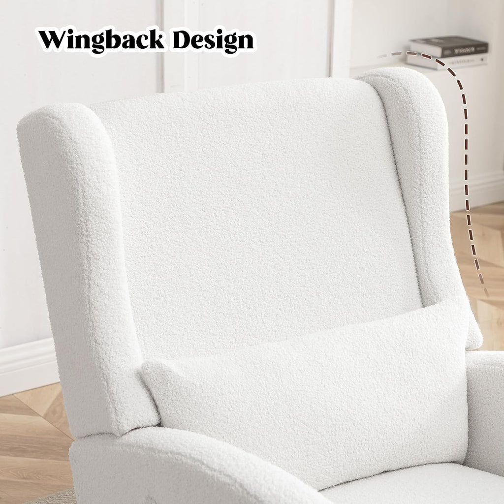 HCHAIRH Rocking Chair Nursery with Foot Rest, Wingback Nursery Rocking Chairs Sherpa Nursing Chairs Glider Rocker with Pillow for Living Room, Bedroom, Teddy White