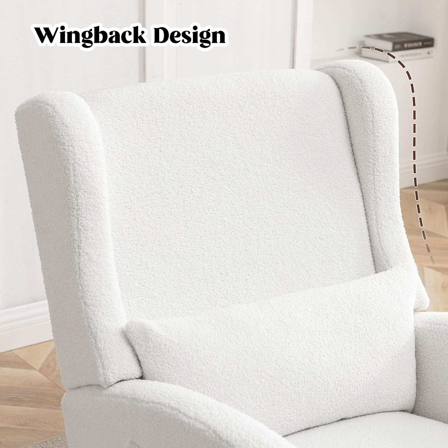 HCHAIRH Rocking Chair Nursery with Foot Rest, Wingback Nursery Rocking Chairs Sherpa Nursing Chairs Glider Rocker with Pillow for Living Room, Bedroom, Teddy White