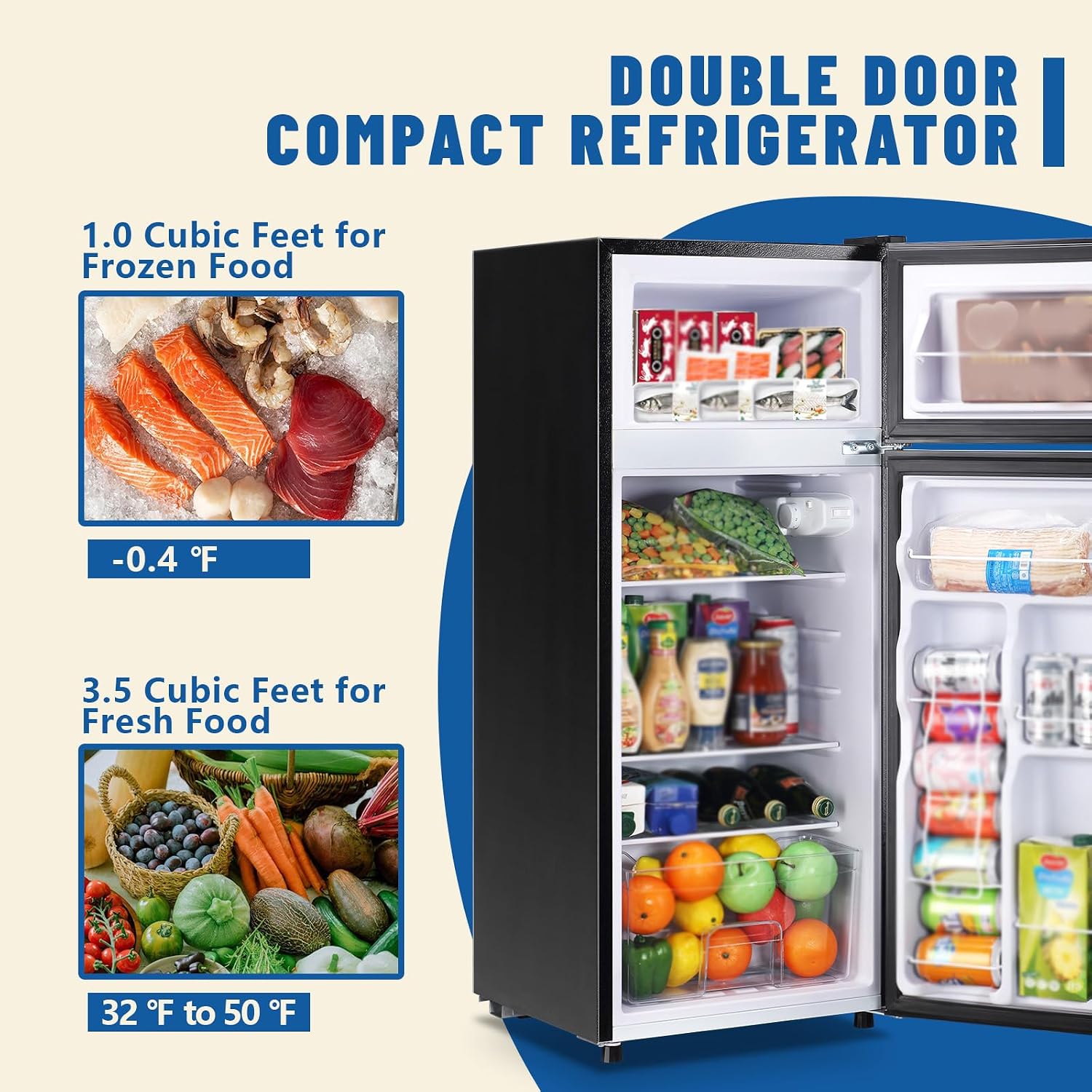 DEMULLER 4.5 CU.FT Capacity Compact Refrigerator with Freezer Double Door Mini Fridge Small Apartment Refrigerator with 7 Adjustable Temp Control & 3 Glass Shelves for Kitchen Office Dorm Black