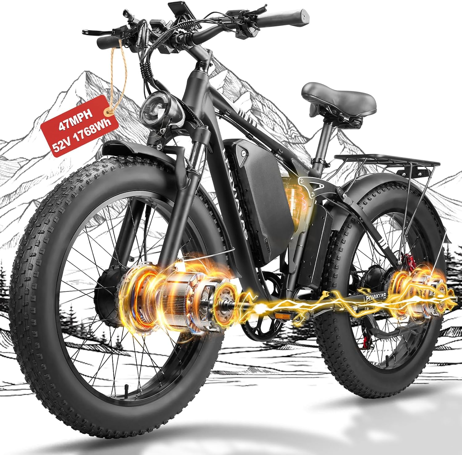 Peak-9000W-Dual-Motor-Ebike Adults Men, 52V 34Ah 1768Wh Battery,24' x 4.0' Fat-Tire- Electric-Mountain-Bicycle 47MPH Full-Lockable-Suspension-Ebike 105 Miles Range Hydraulic Disc Brake