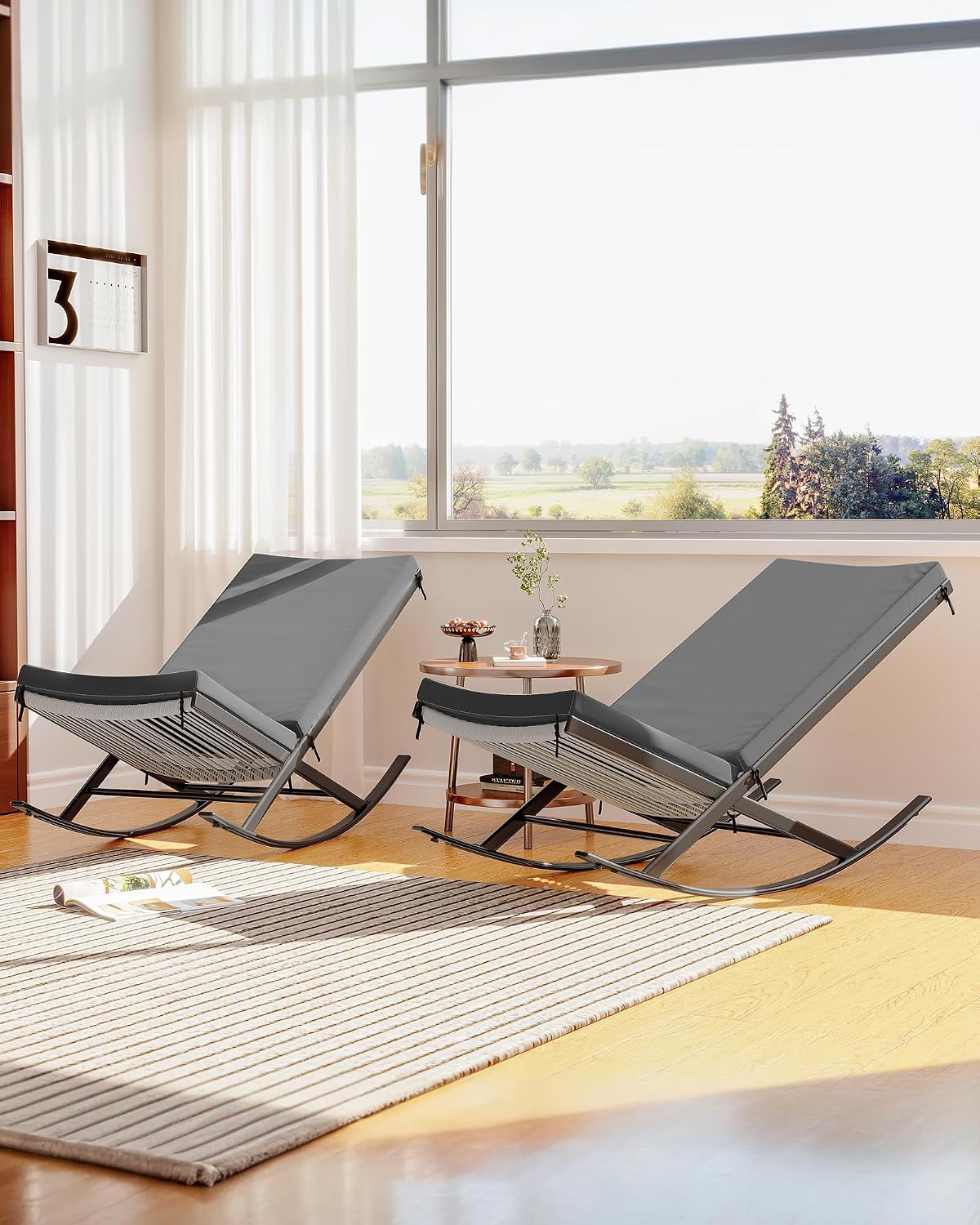 GarveeLife Outdoor Rocking Lounge Chair Set of 2, Patio Chaise Lounge with Removable Cushion for Napping Relaxing, Indoor Reclining Papasan Rocker Chair, Grey