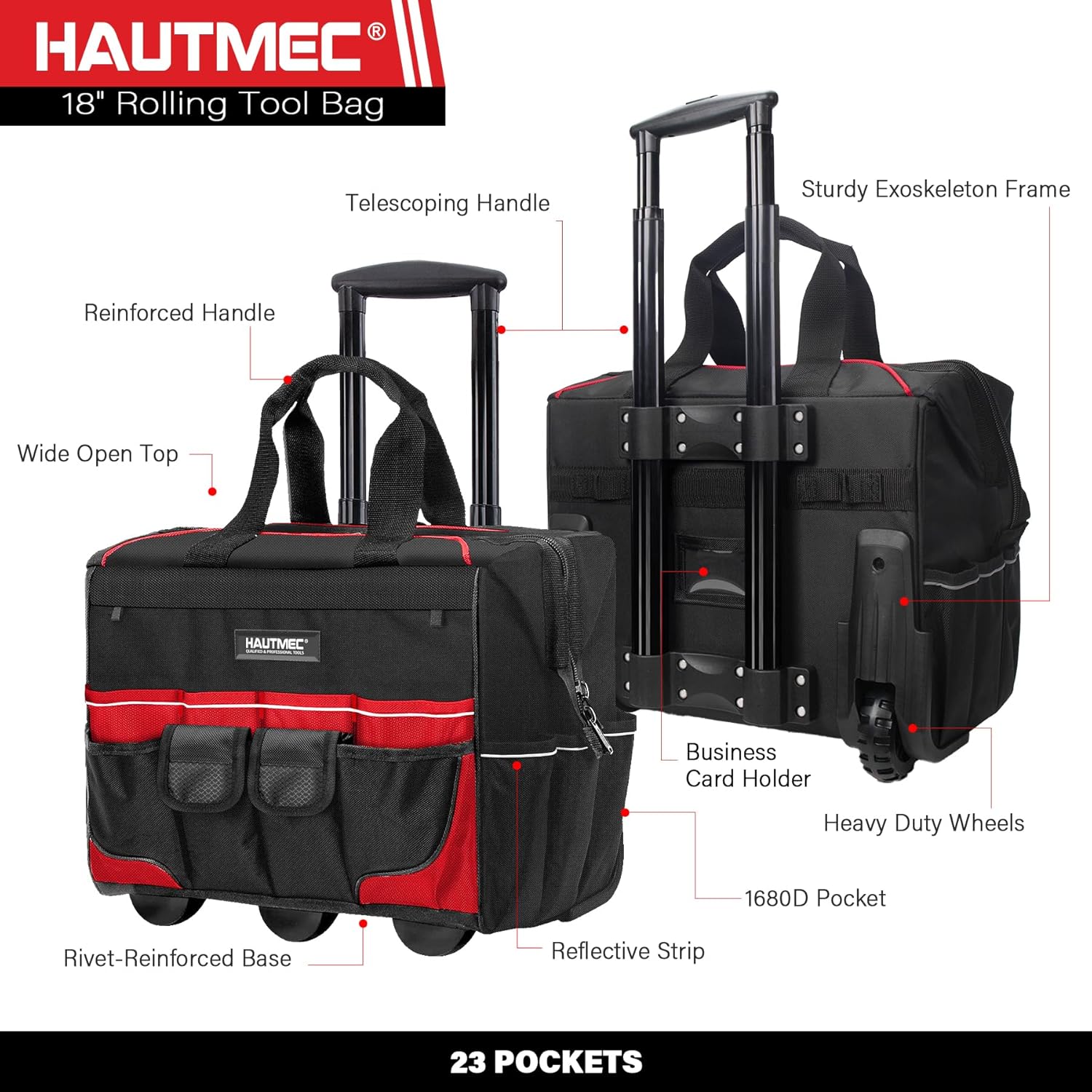 HAUTMEC 3-Piece Rolling Tool Bag Set, 18' Wheeled Tool Bag, 15' Open Top Tool Tote & 12' Wide Mouth Small Bag, Heavy-Duty 1680D Water-Resistant Tool Storage with Off-Road Wheel & Telescoping Handle