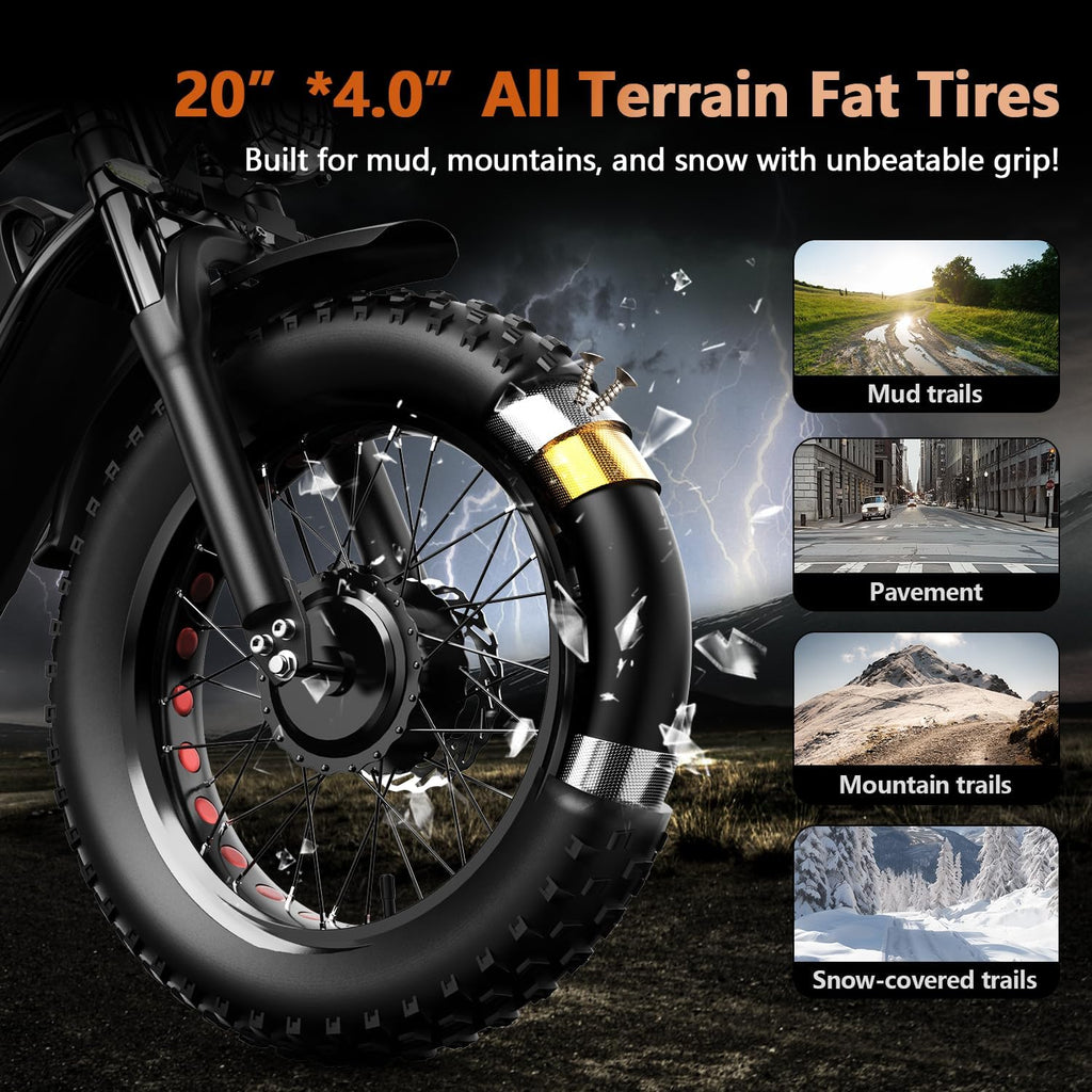 3000W/2000W Dual Motor/Single Motor Electric Bike for Adults, 48V 30AH/25AH Removable Battery Moped Style EBike, 30+MPH & 100 Miles 20' Fat Tires Electric Dirt Bike, Hydraulic Suspension Torque Sensor