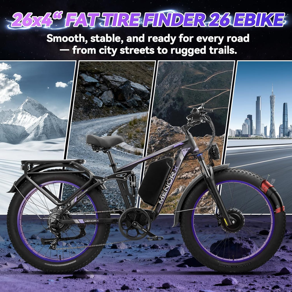 MENORX Dual Motor Electric Bike,26'x4'Fat Tire Electric Bike,Up to 5000W/7000W Peak, 60V/25Ah & 52V/23Ah Lithium Battery,Up to 45/50MPH &105 Miles Range E Bike