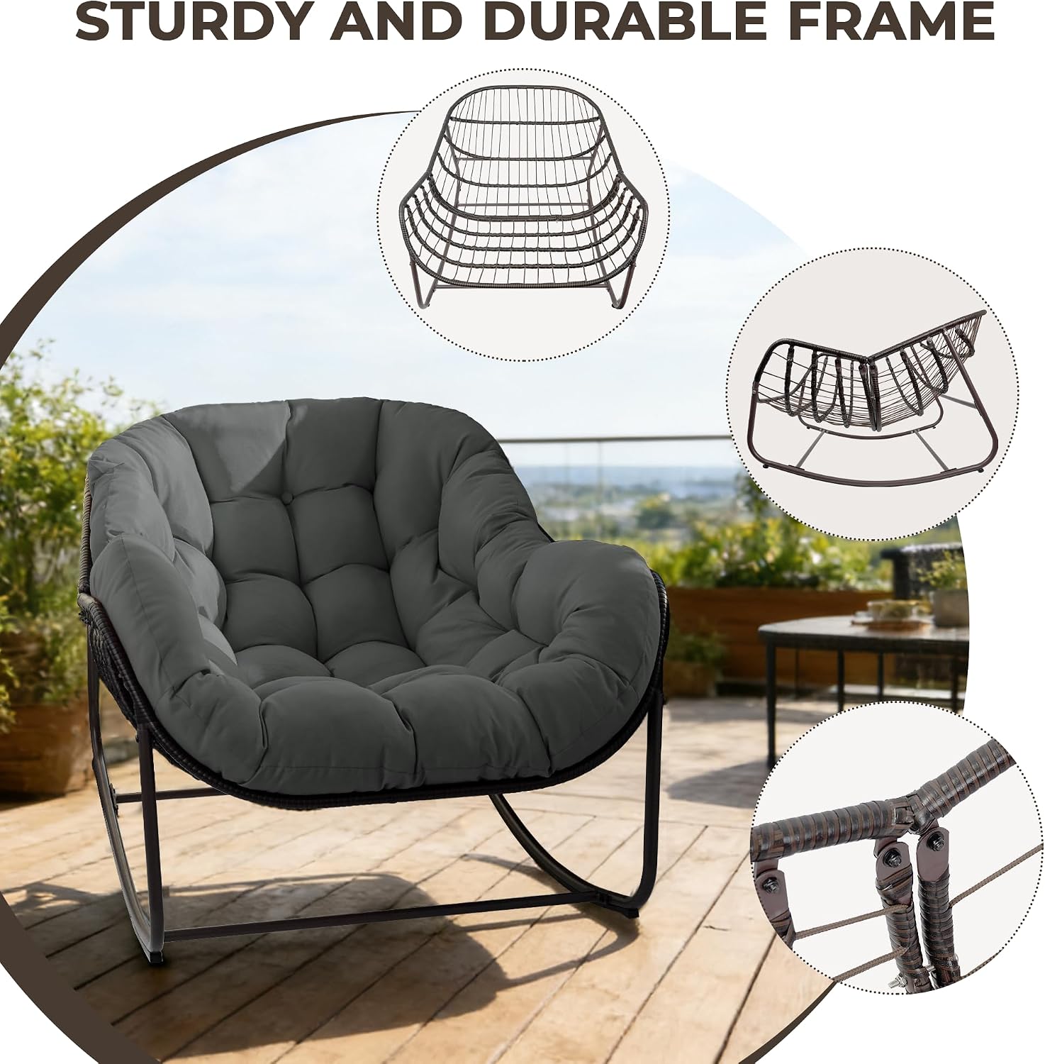 Papasan Rocking Chair Outdoor, Oversized Patio Rocking Chair with Cushions & Steel Frame, Wicker Egg Lounge Chair Indoor, Comfy Reading Chair for Patio, Deck, Porch (Grey, Style 1)