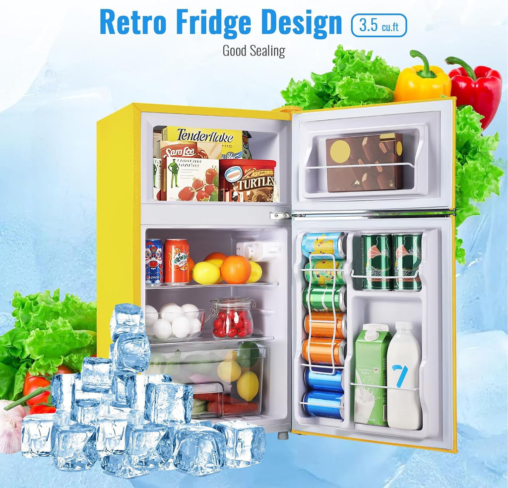 WANAI 3.5 Cu.Ft Mini Fridge with Freezer Small Retro Dual Door Refrigerator Freestanding Compact Refrigerator with Freezer 2 Door Mini Fridge for Bedroom, Dorm, Office, Cream, Yellow