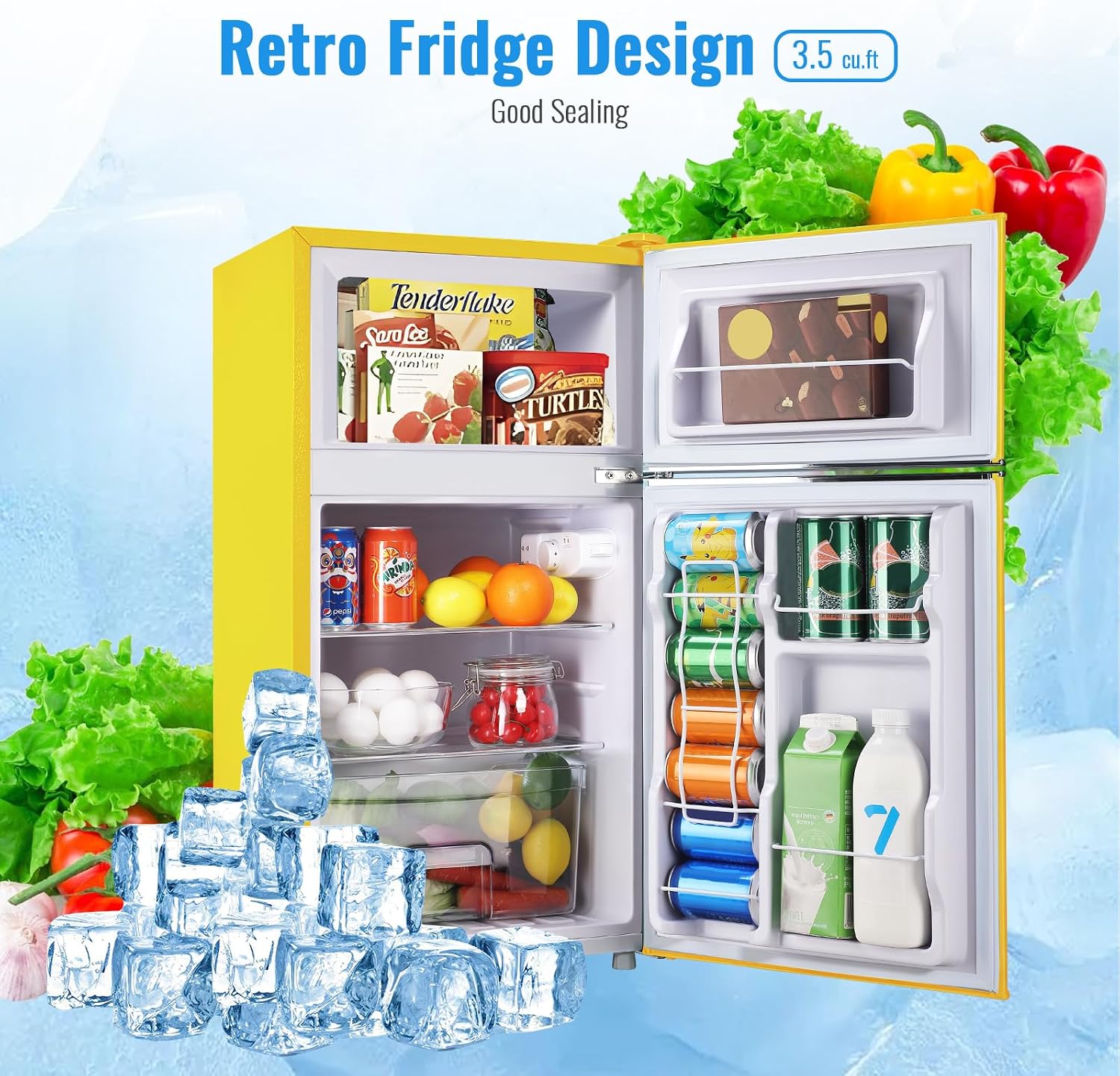 WANAI 3.5 Cu.Ft Mini Fridge with Freezer Small Retro Dual Door Refrigerator Freestanding Compact Refrigerator with Freezer 2 Door Mini Fridge for Bedroom, Dorm, Office, Cream, Yellow