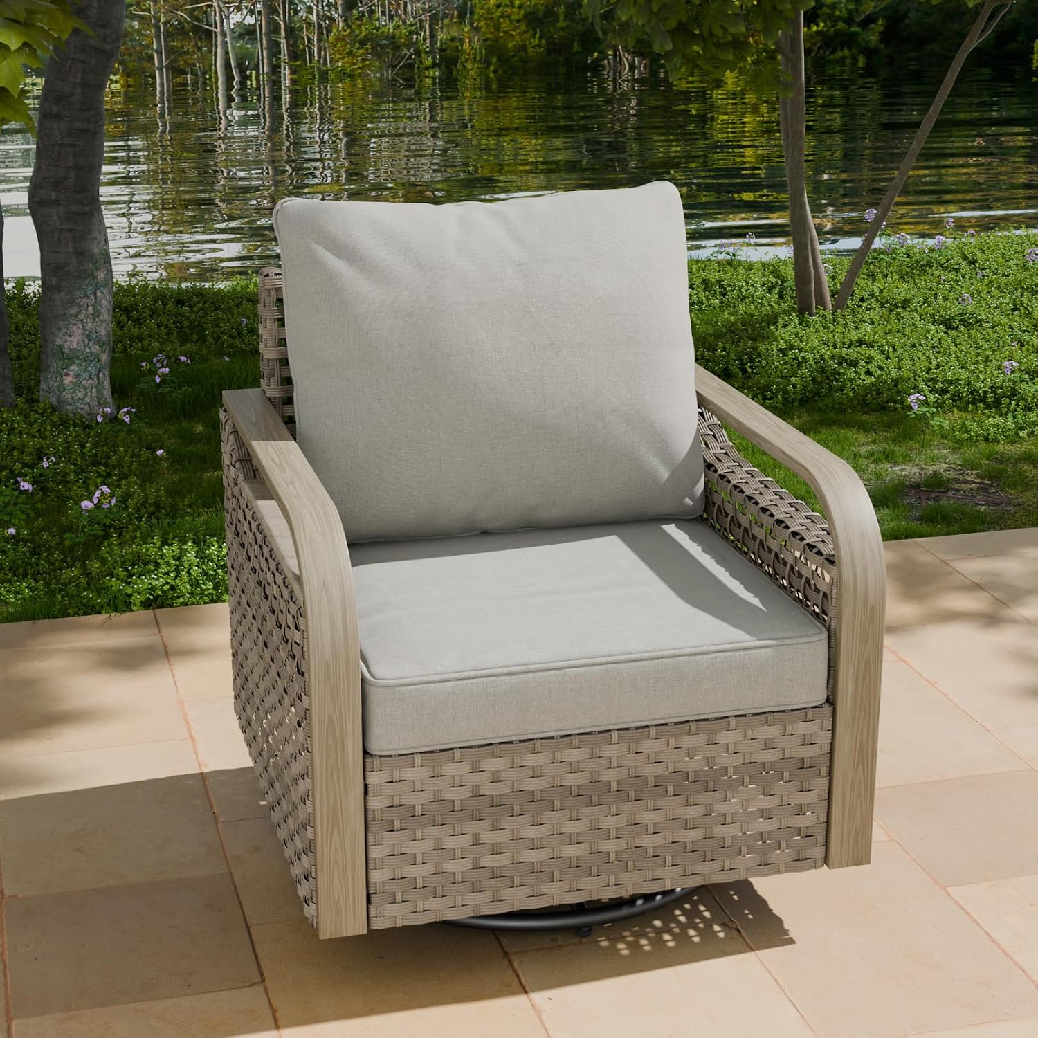 COOS BAY Modern Outdoor Swivel Rocker Chair, Wicker Glider Rocking Chair with Cushions, 360° Swivel Rattan Patio Seating, 1 Piece, Brown/Gray