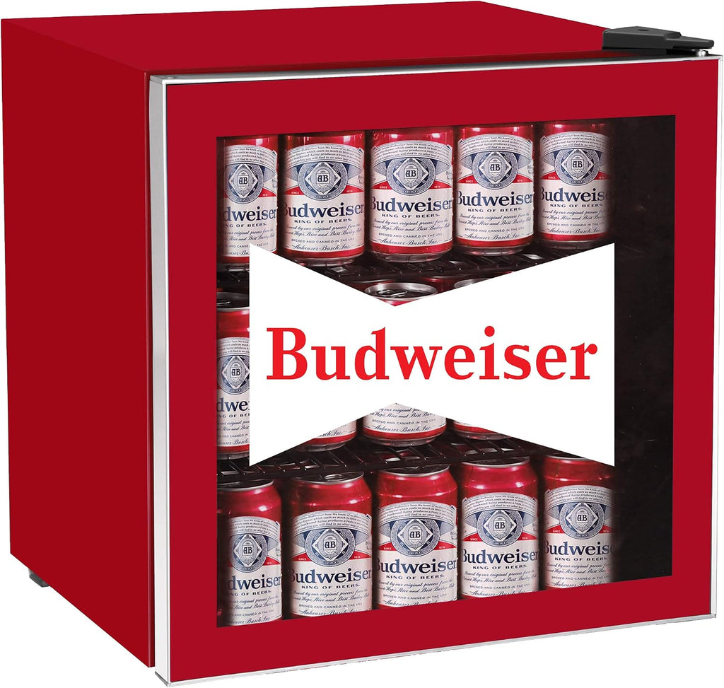 CURTIS MIS168BUD Budweiser Mini Beverage Cooler - 70 Can or 17 Bottles Beer Fridge with Glass Door for Soda + Adjustable Thermostat, Perfect for Home, Office, or Dorm, 1.8 cu ft