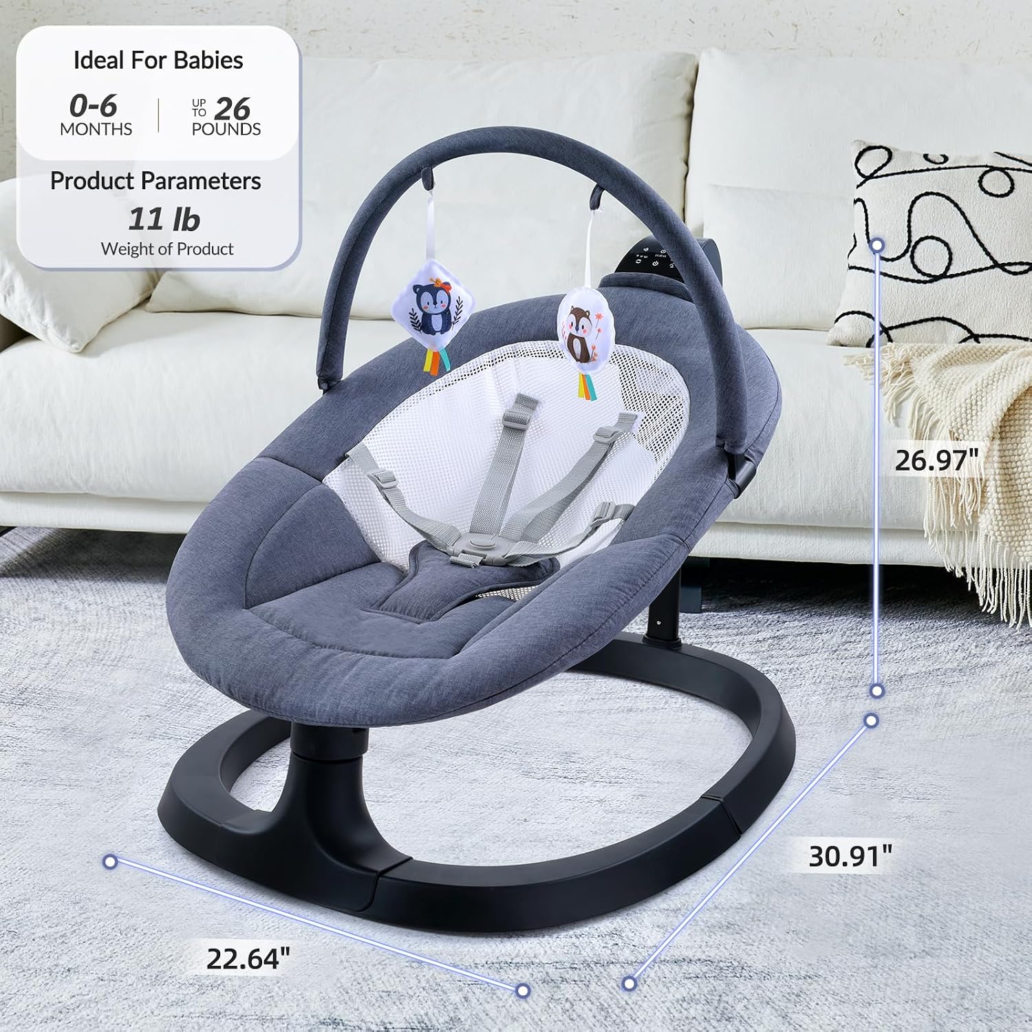 VaVaSoo 2-in-1 Electric Baby Swing, Toddler Seat up to 66 lbs, Dual-Arm Support for Enhanced Stability, 3 Swing Motions & 8 Soothing Sounds, Baby Rocking Chair with Remote,Adjustable Height, Dark Gray