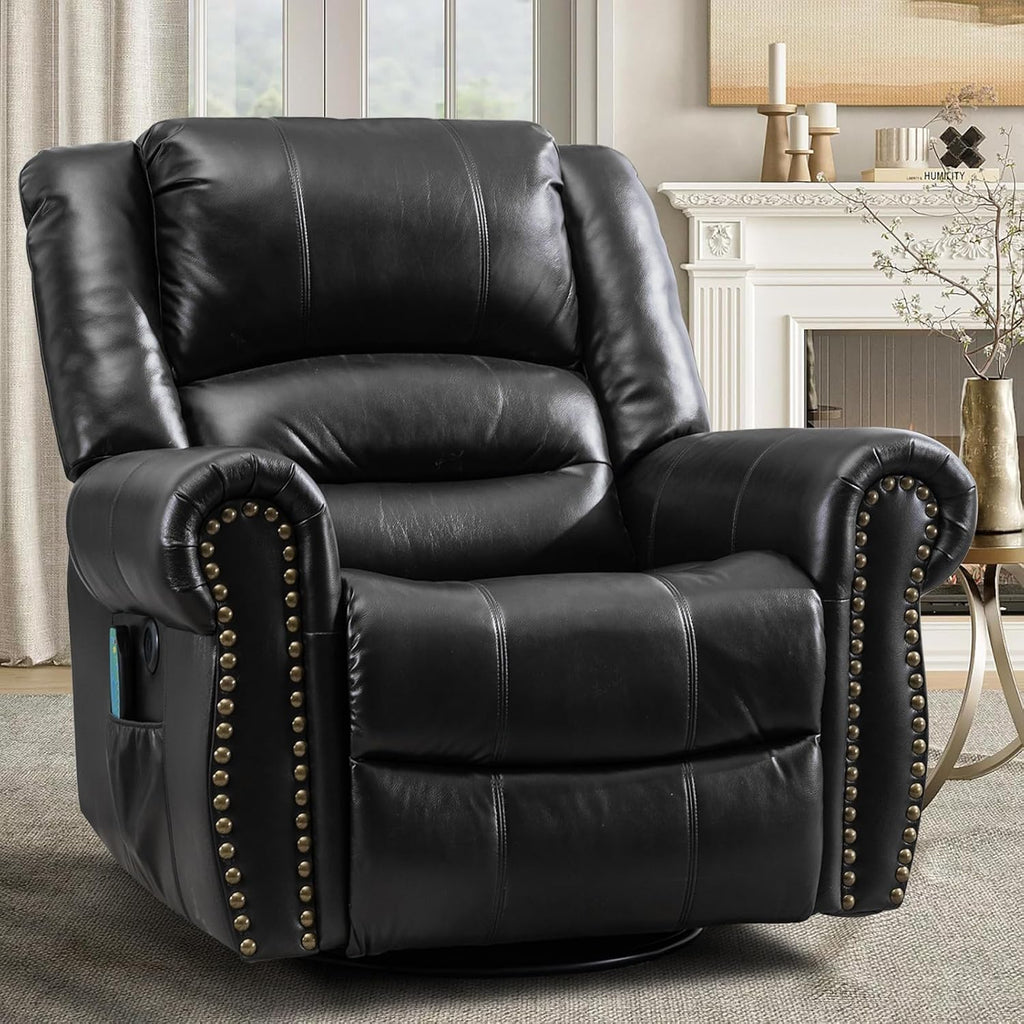 MEETWARM Oversized Swivel Rocker Recliner Chair with Heat and Massage, Manual Glider Rocking Recliner Chair, 360°Swivel Nursery Reclining Sofa with Remote Control/USB Ports for Living Room(Black)