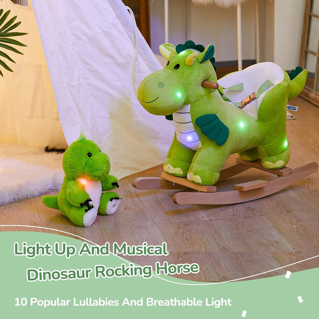 Glow Guards Light Up Musical Dinosaur Baby Rocking Horse Set of 2 with Safety Belt Dinosaur Rocker Baby Rocking Chair for Toddlers 1-3