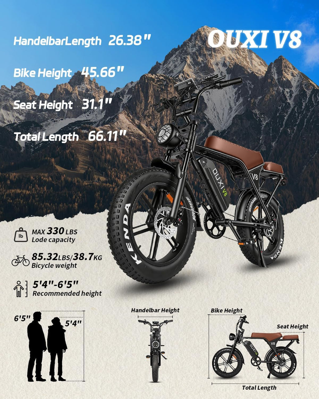 OUXI V8 Series Electric Bike for Adults, E Dirt Bike Peak 500W/1000W, 20/31 MPH, 10.4/15/30 AH Removable Battery, 16''/20' Fat Tire Electric Bike, 7-Speed Gear Electric Bicycles, Dual Disc Brakes
