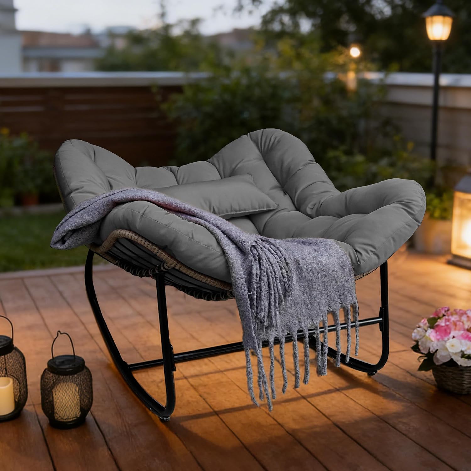 Papasan Rocking Chair for Outdoor & Indoor, Oversized Patio Rocking Chair with Cushions & Steel Frame, Wicker Egg Lounge Chair, Comfy Reading Chair for Patio, Deck, Porch (Grey, Style 2)