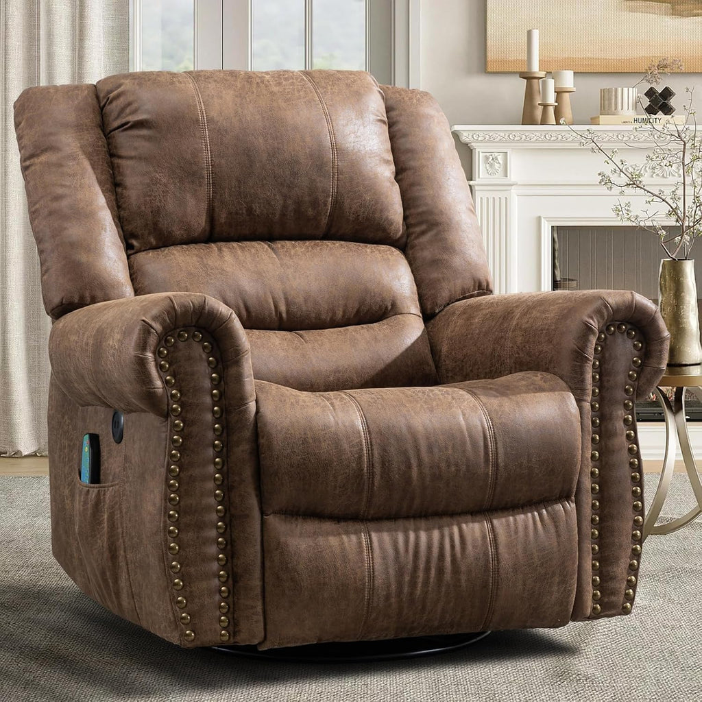 MEETWARM Oversized Swivel Rocker Recliner Chair with Heat and Massage, Manual Glider Rocking Recliner Chair, 360°Swivel Nursery Reclining Sofa with Remote Control/USB Ports for Living Room(Brown)