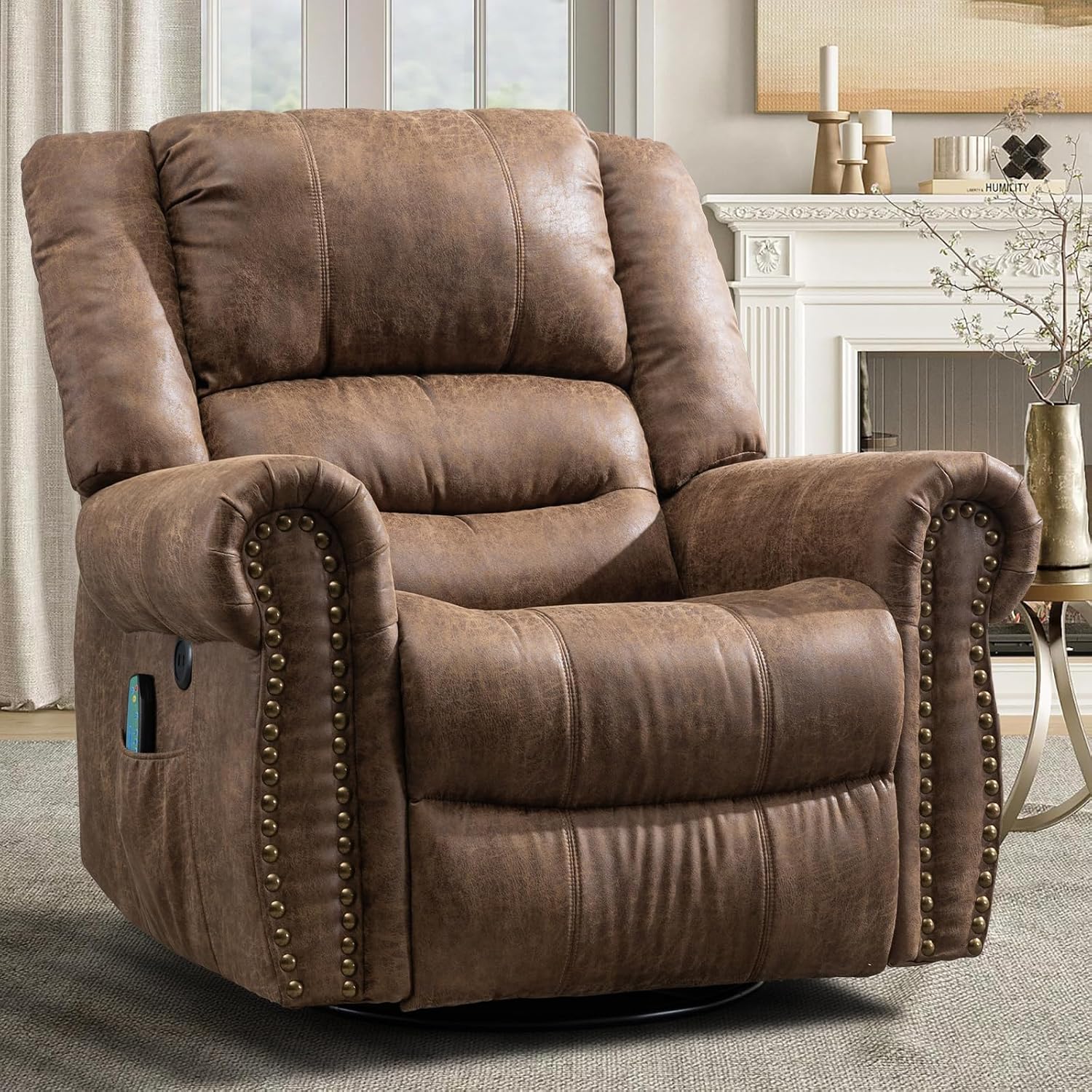 MEETWARM Oversized Swivel Rocker Recliner Chair with Heat and Massage, Manual Glider Rocking Recliner Chair, 360°Swivel Nursery Reclining Sofa with Remote Control/USB Ports for Living Room(Brown)