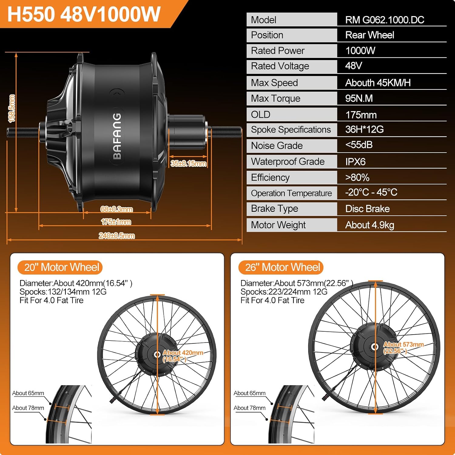BAFANG 48V 1000W Fat Tire EBike Conversion Kit - Dominate Winter Terrain with High-Torque Rear Hub Motor for 20'/26' Wheels in Deep Snow, Includes Display & Battery（Optional）