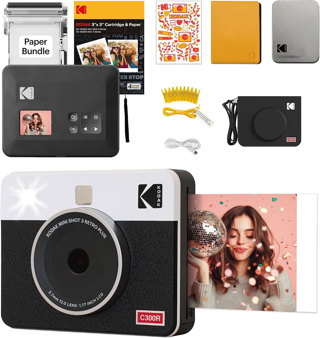 KODAK Mini Shot 3 Retro 4PASS 2-in-1 Instant Digital Camera and Photo Printer (3x3 inches) Initial 8 Sheets + 30 Sheets Gift Bundle, White (NOT Zink)