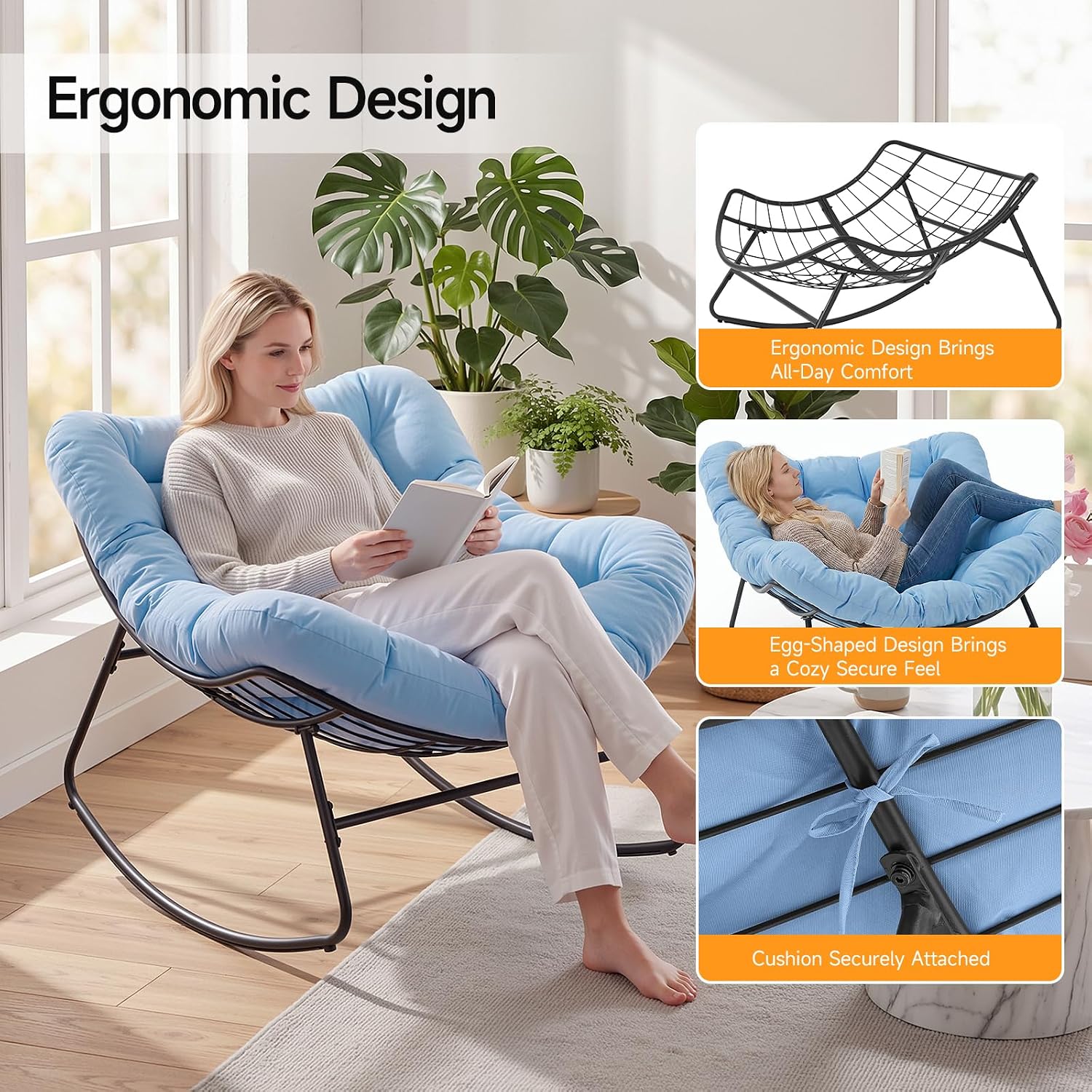 ONBRILL Outdoor Papasan Rocking Chair, 450 lbs Oversized Comfy Patio Chair with Thickened Cushion, Indoor Egg Rocking Lounge Chairs, Rocker Chairs for Patio Porch Garden Living Room Bedroom, Blue