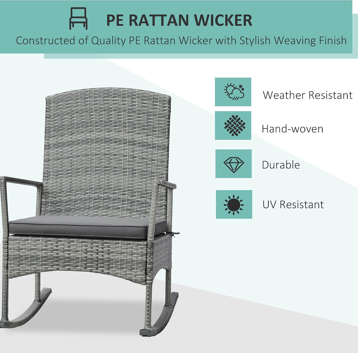 Outsunny 3 Piece Patio Rocking Chair Set, 2 PE Wicker Rocking Chairs, Cushioned, 1 Two-Tier Wood Slat Coffee Table, Rattan Front Porch Furniture, Gray