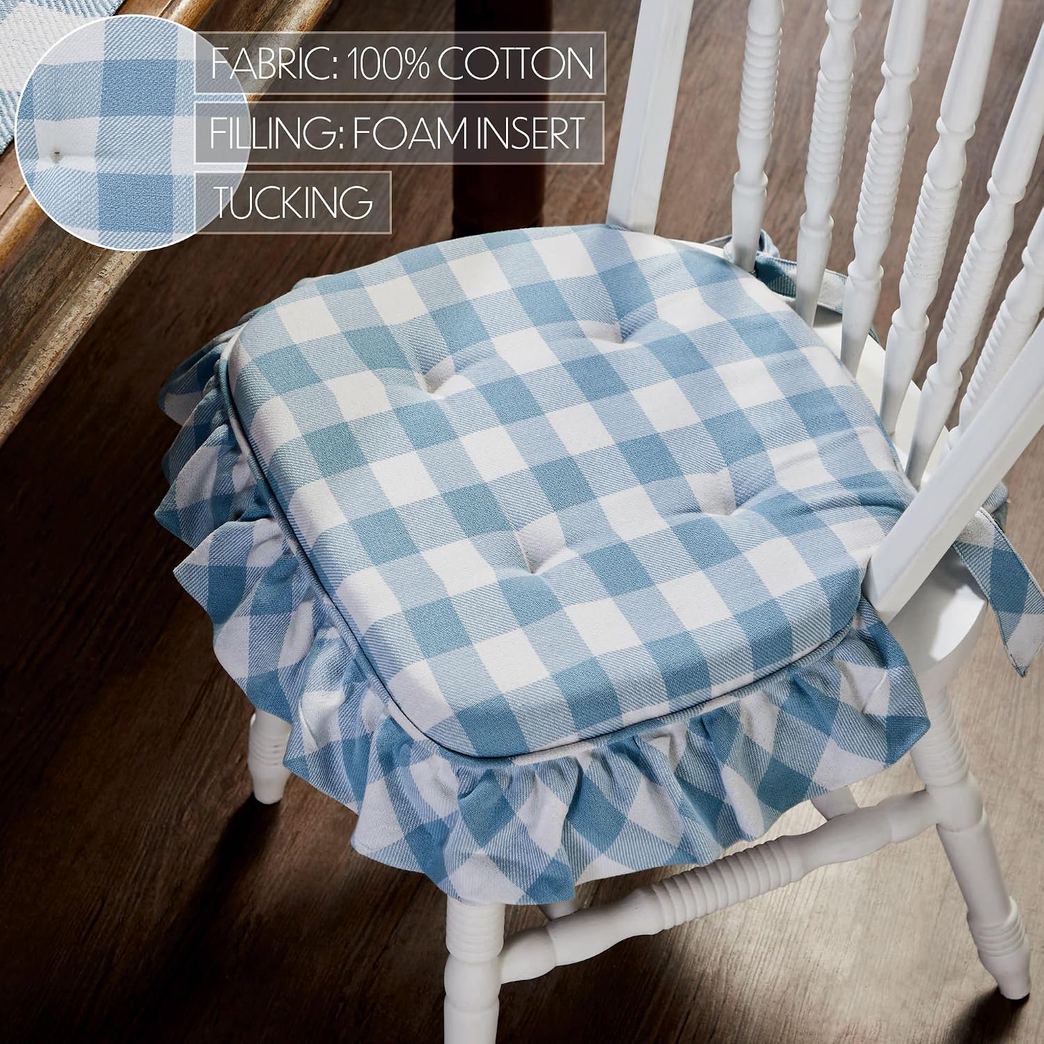 VHC Brands Chair Pad 16.5x18, Cotton Dining Room, Kitchen Chair Pads, Seat Cushion with Ties, Tucked, Annie Buffalo Check Collection, Rectangle 16.5x18, Dusk Blue, Set of 8