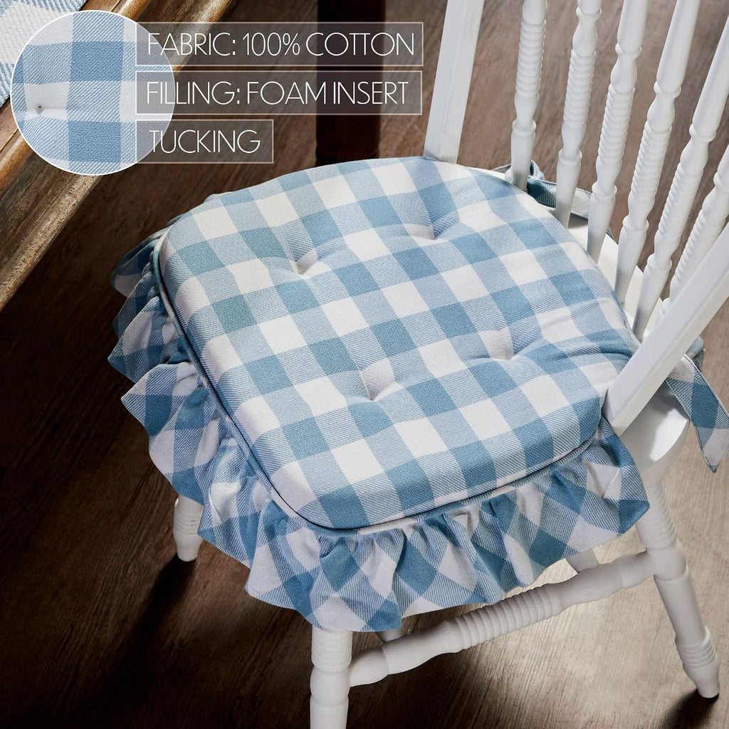 VHC Brands Chair Pad 16.5x18, Cotton Dining Room, Kitchen Chair Pads, Seat Cushion with Ties, Tucked, Annie Buffalo Check Collection, Rectangle 16.5x18, Dusk Blue, Set of 6