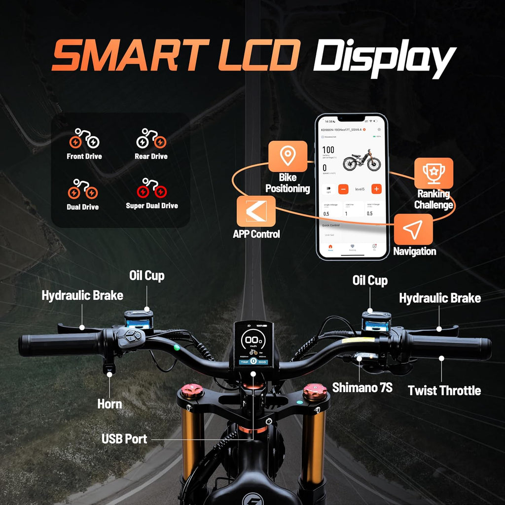 eAhora 2026 Romeo Pro3/2 50/46Mph Ebike 5600/4000W Dual Motor 200+Miles Electric Bike for Adults, 52V/70Ah 60V/80Ah Long Range 26 * 4.0' Fat Tire Full Suspension Electric Mountain Bike